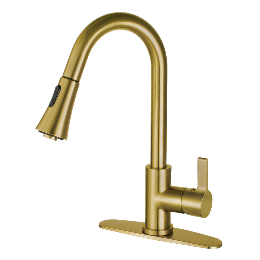 Brushed brass single-handle pull-down kitchen faucet with curved spout