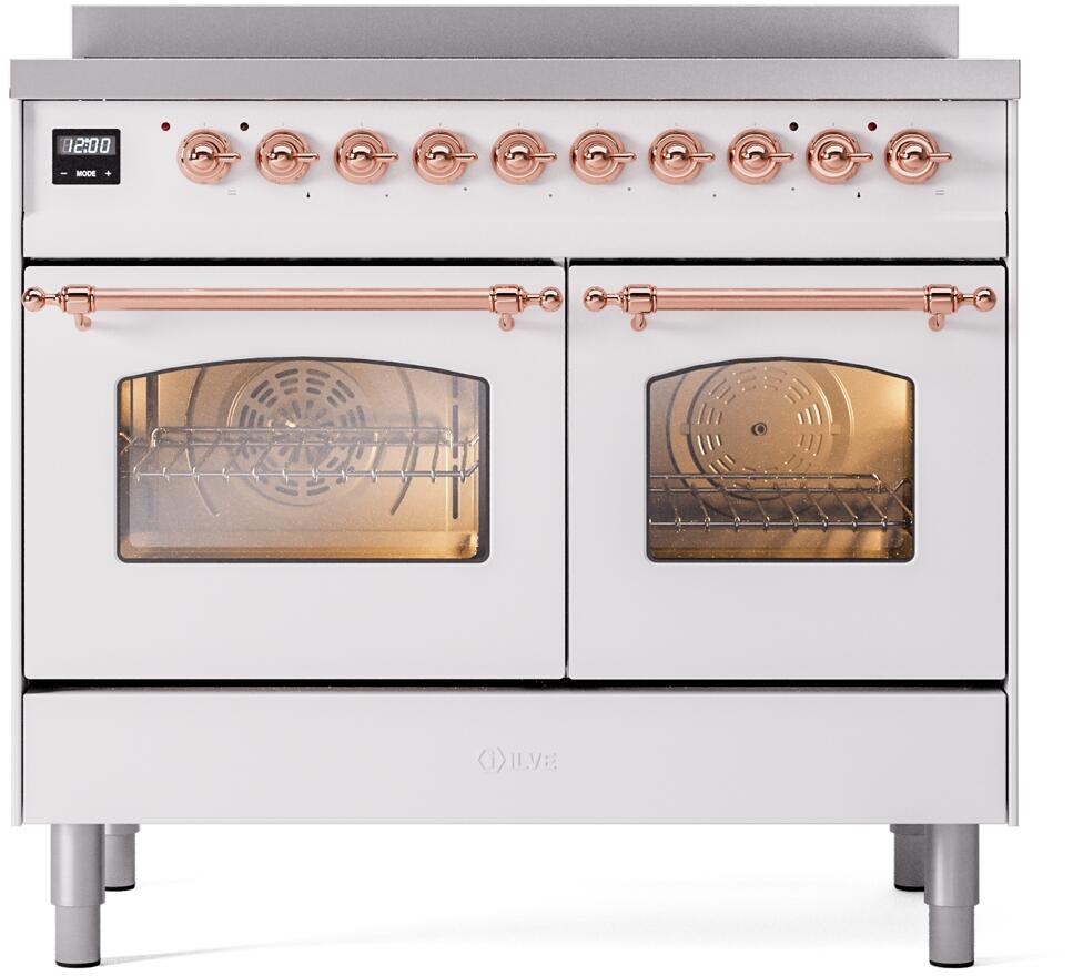 White double-oven electric induction range with copper knobs, handles, and two glass doors