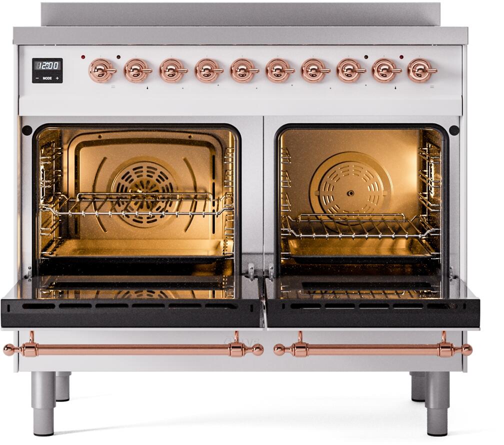 White double-oven electric induction range with both oven doors open, racks inside, copper handles