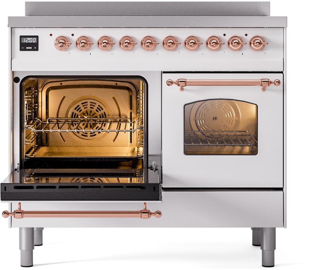 White electric induction range with left oven door open, right door closed, copper handle accents
