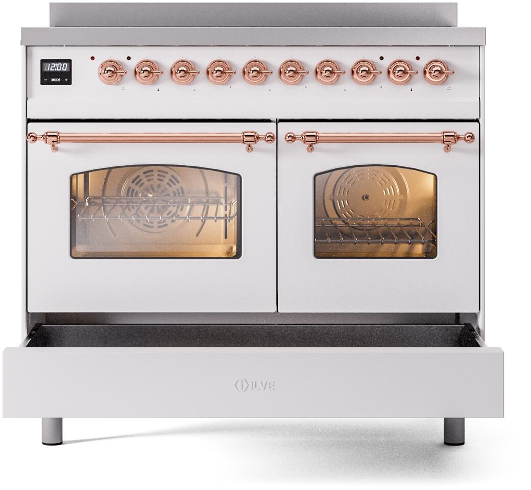 White double-oven electric induction range with front doors and lower drawer/broiler compartment open