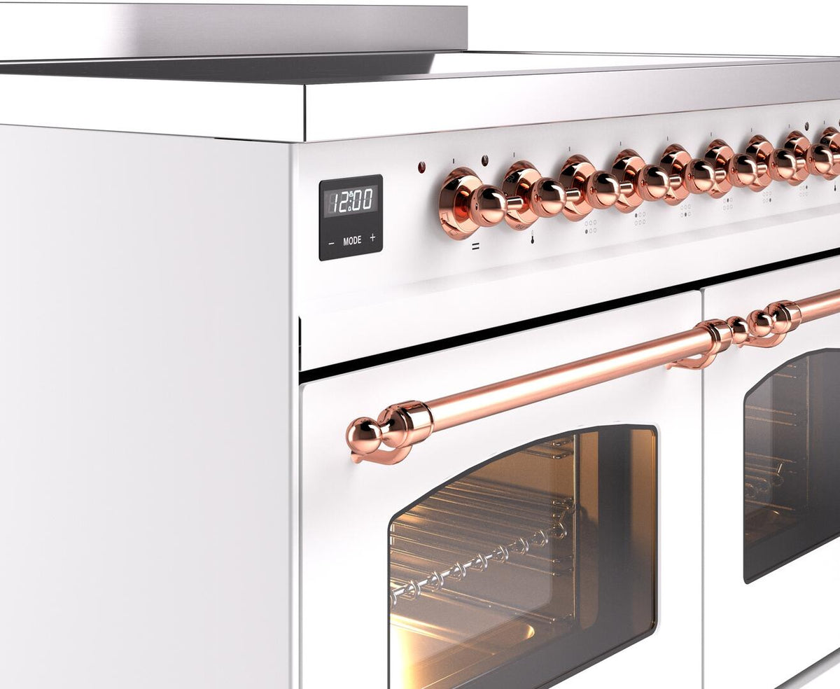 Electric range control panel with copper knobs, digital display, and copper handle bars
