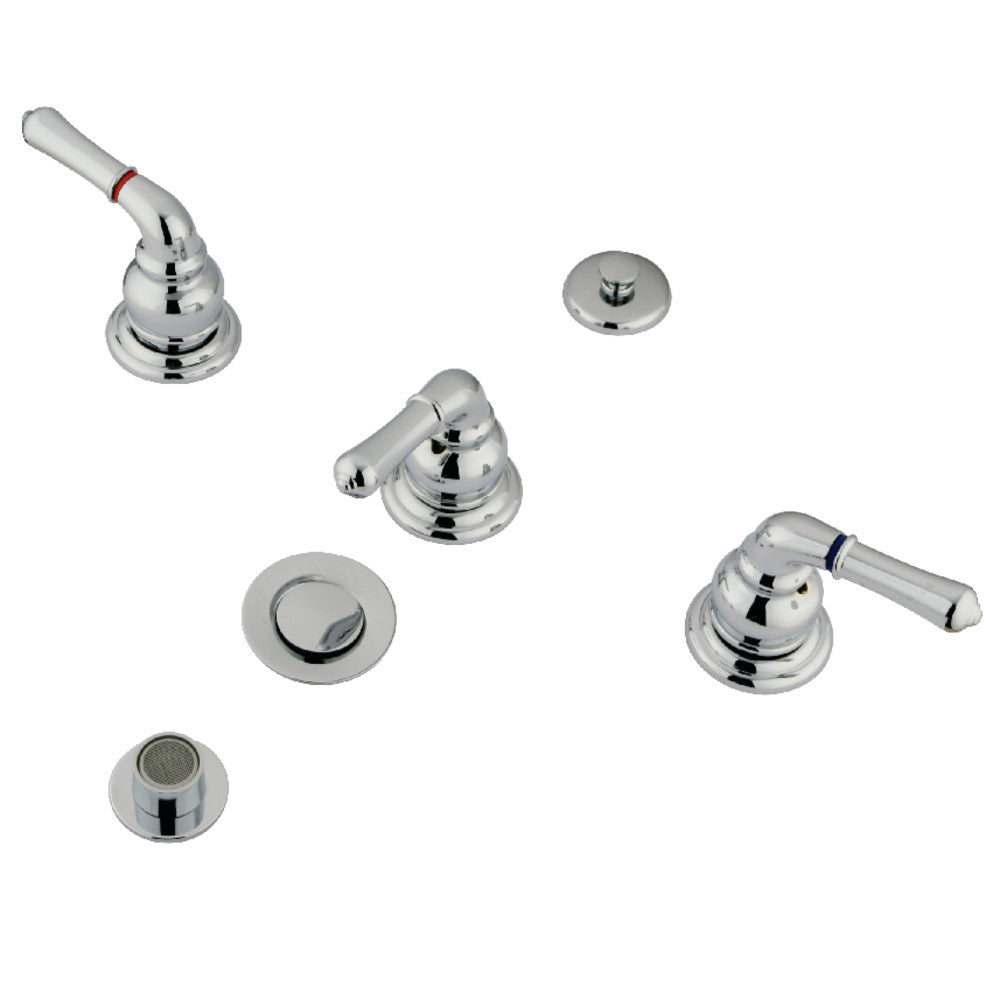 Polished chrome bidet faucet set with three handles and pop-up drain kit