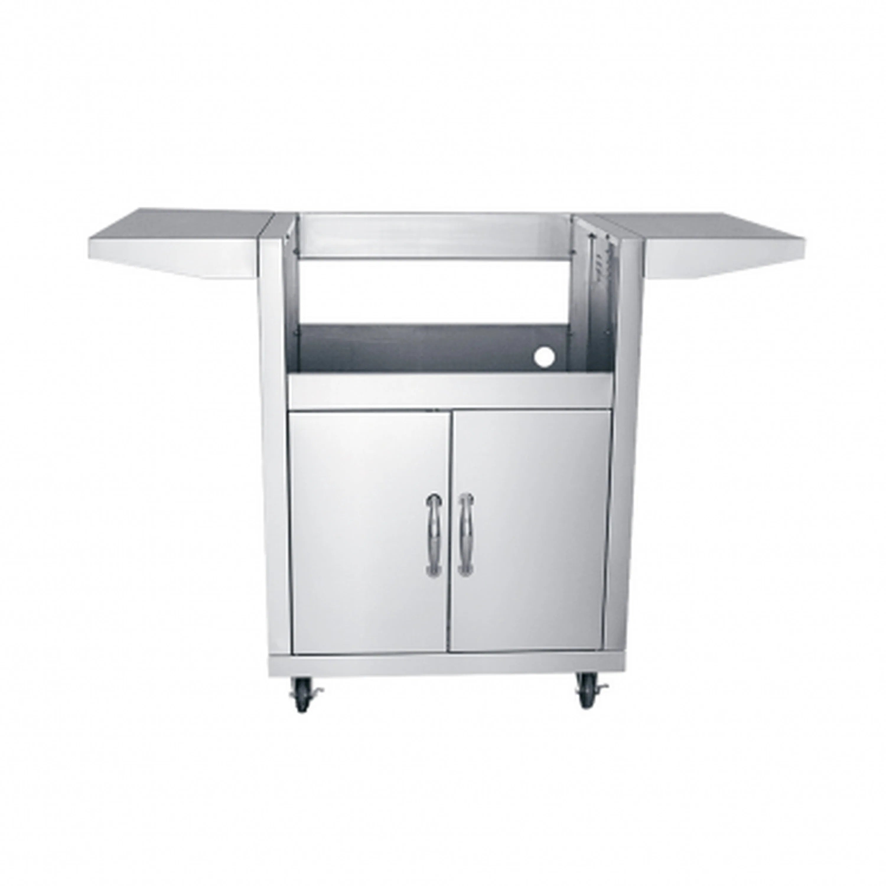 Stainless steel BBQ cart with two cabinet doors, overhead shelf, and caster wheels