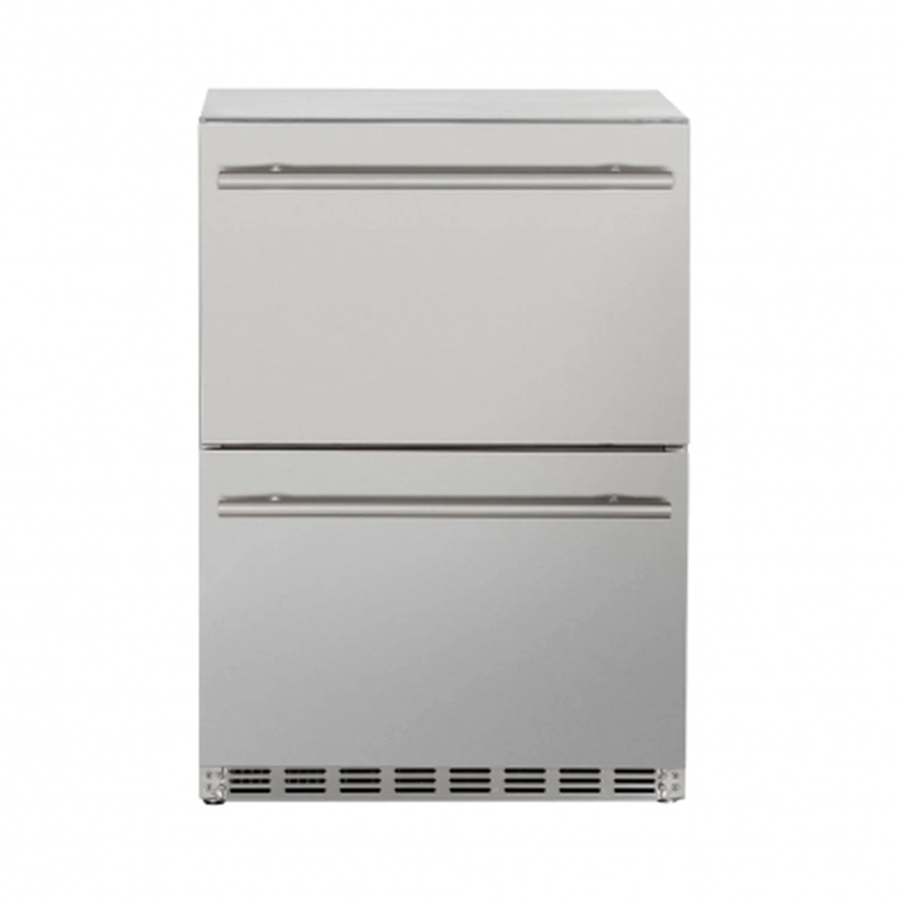 Two-drawer refrigerator with stainless finish, stacked drawers, lower front vent grille.
