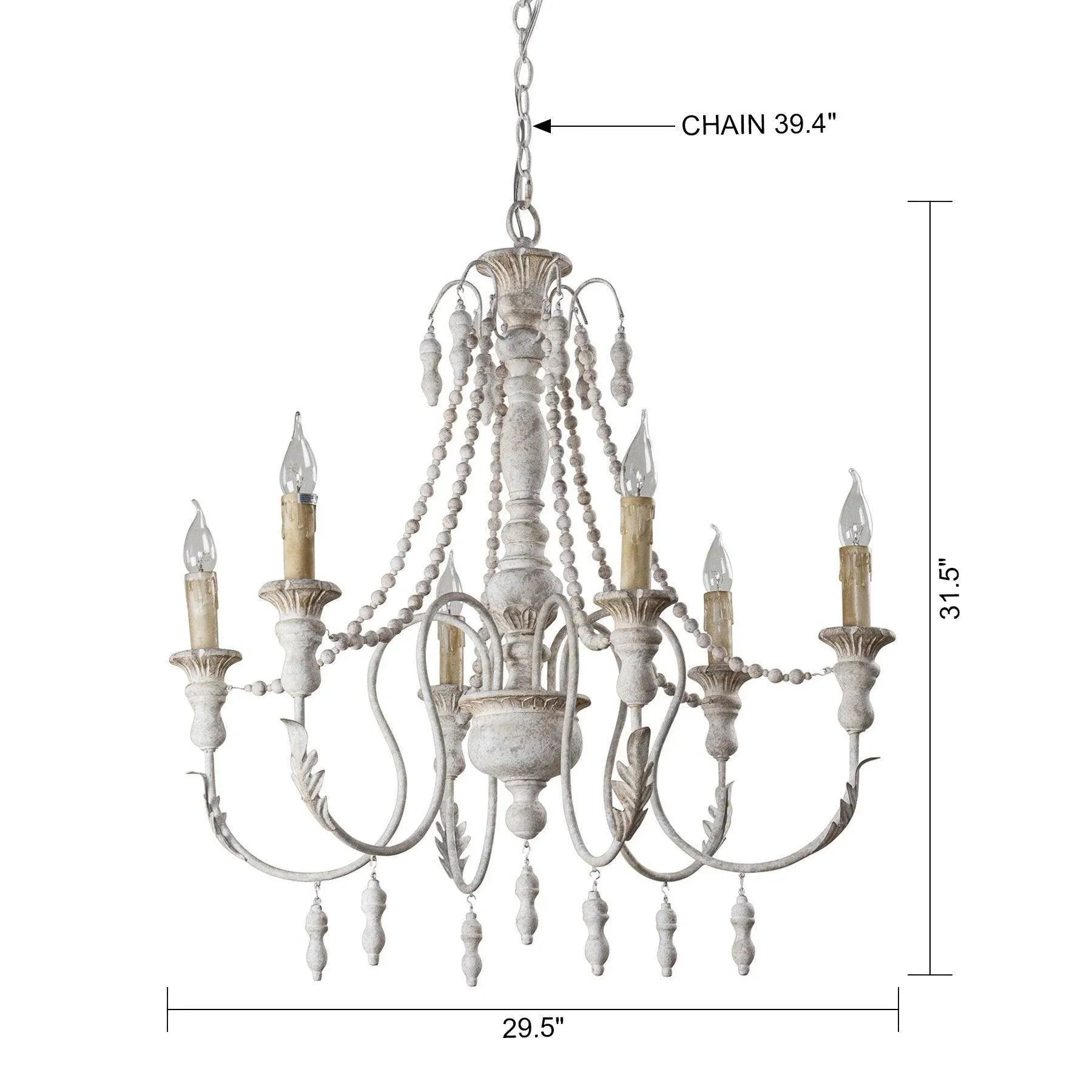 White six-light chandelier with bead chains, candle bulbs, and side arms (dimensions shown)