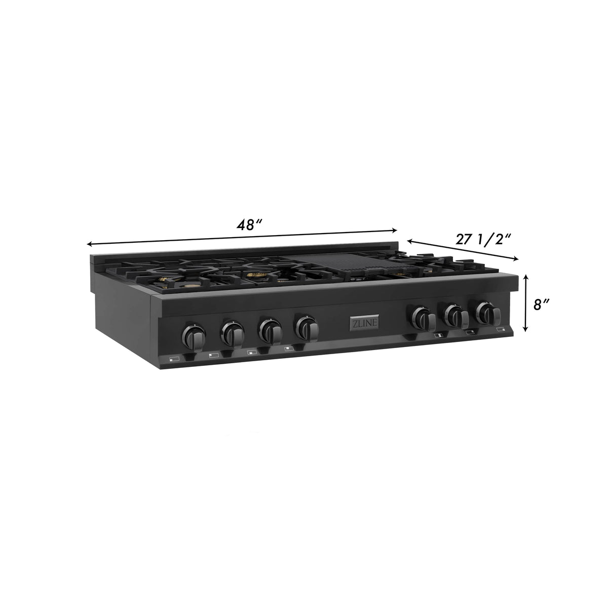 Black gas rangetop with dimensions marked and front control knobs