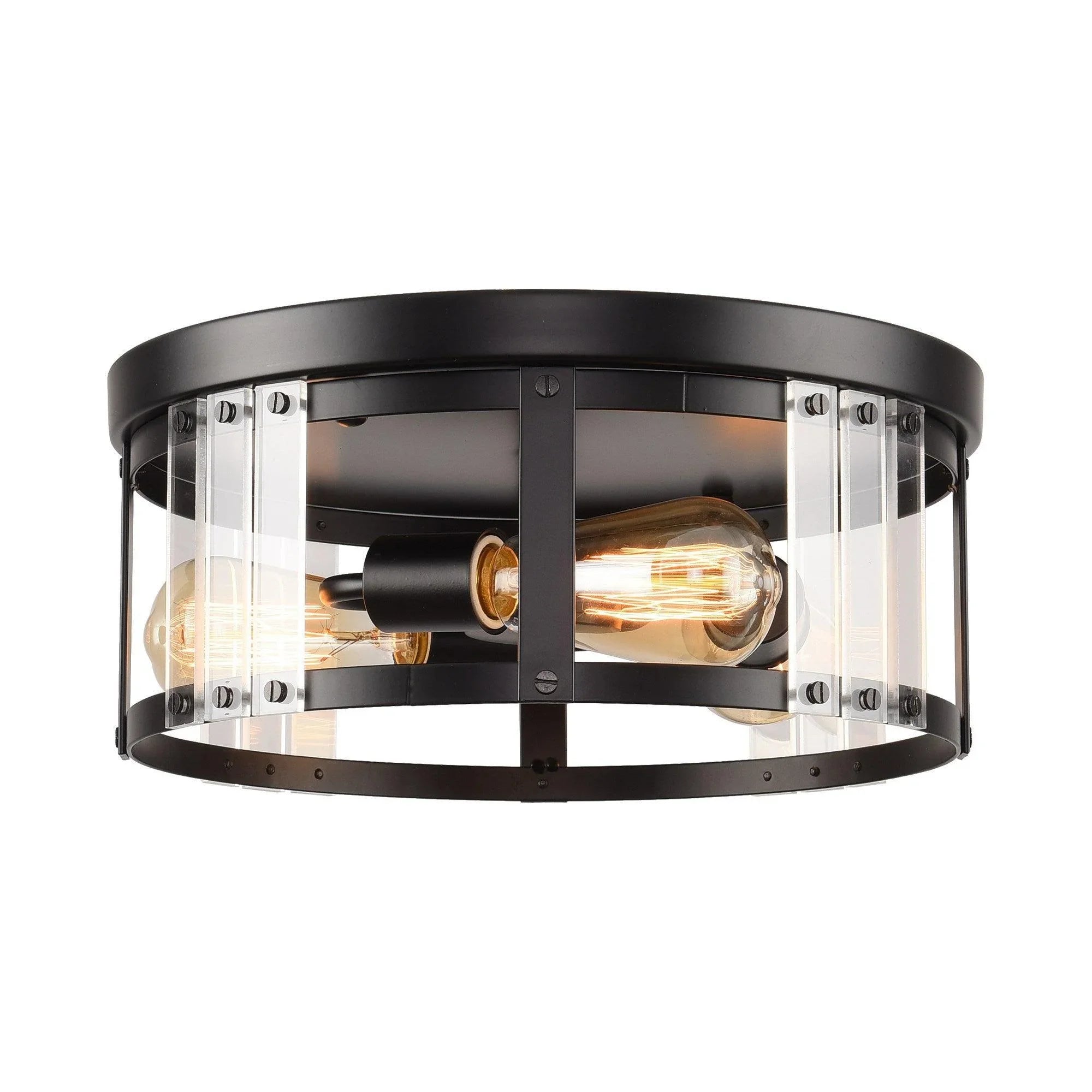 Black 3-light flush mount ceiling light with cylindrical glass shades and open metal frame