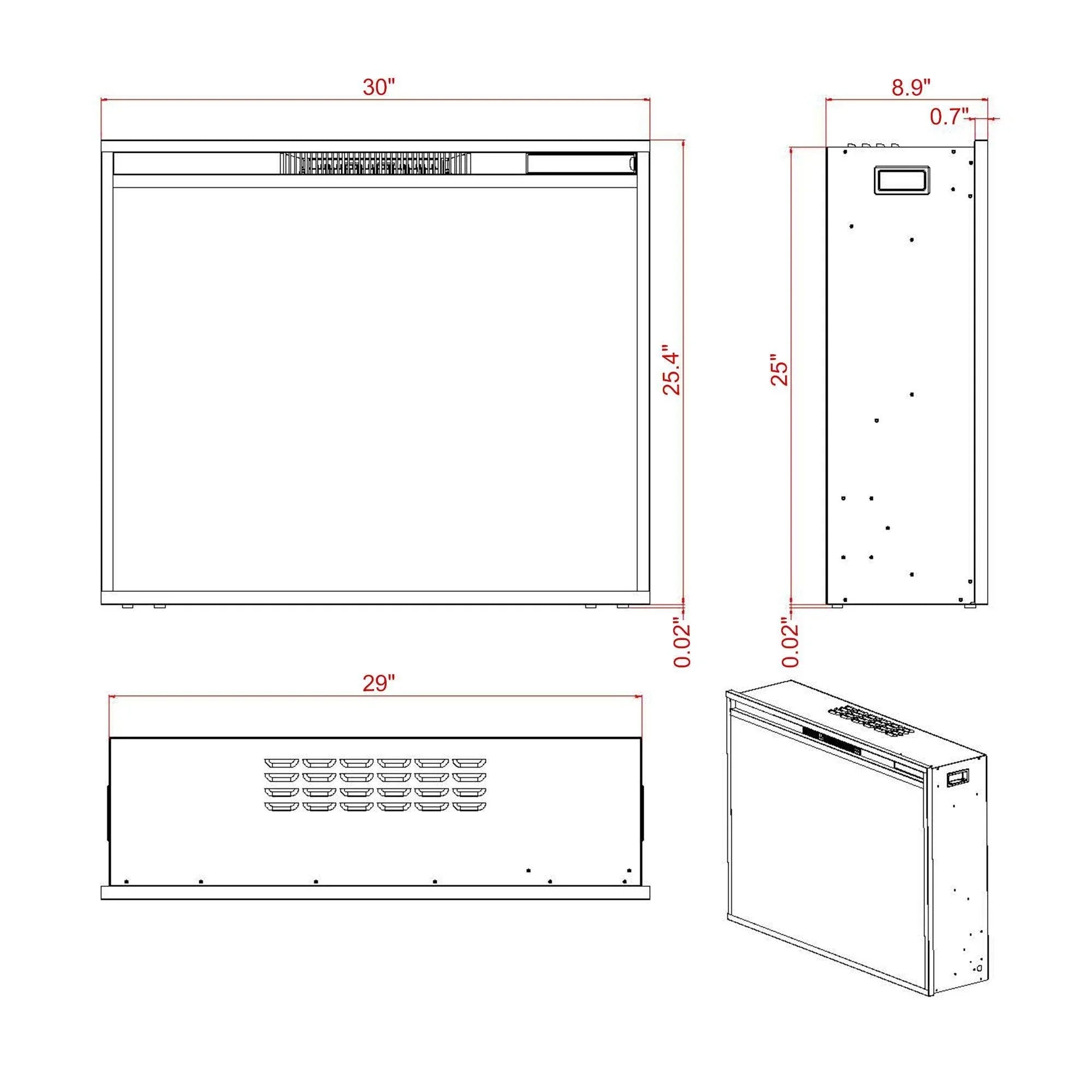 Black electric fireplace heater insert size diagram with top and back views