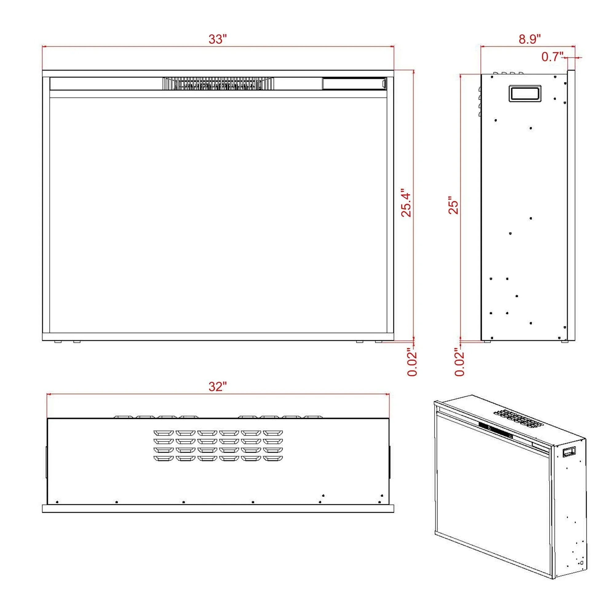 Black electric fireplace heater insert dimensions diagram with depth and height