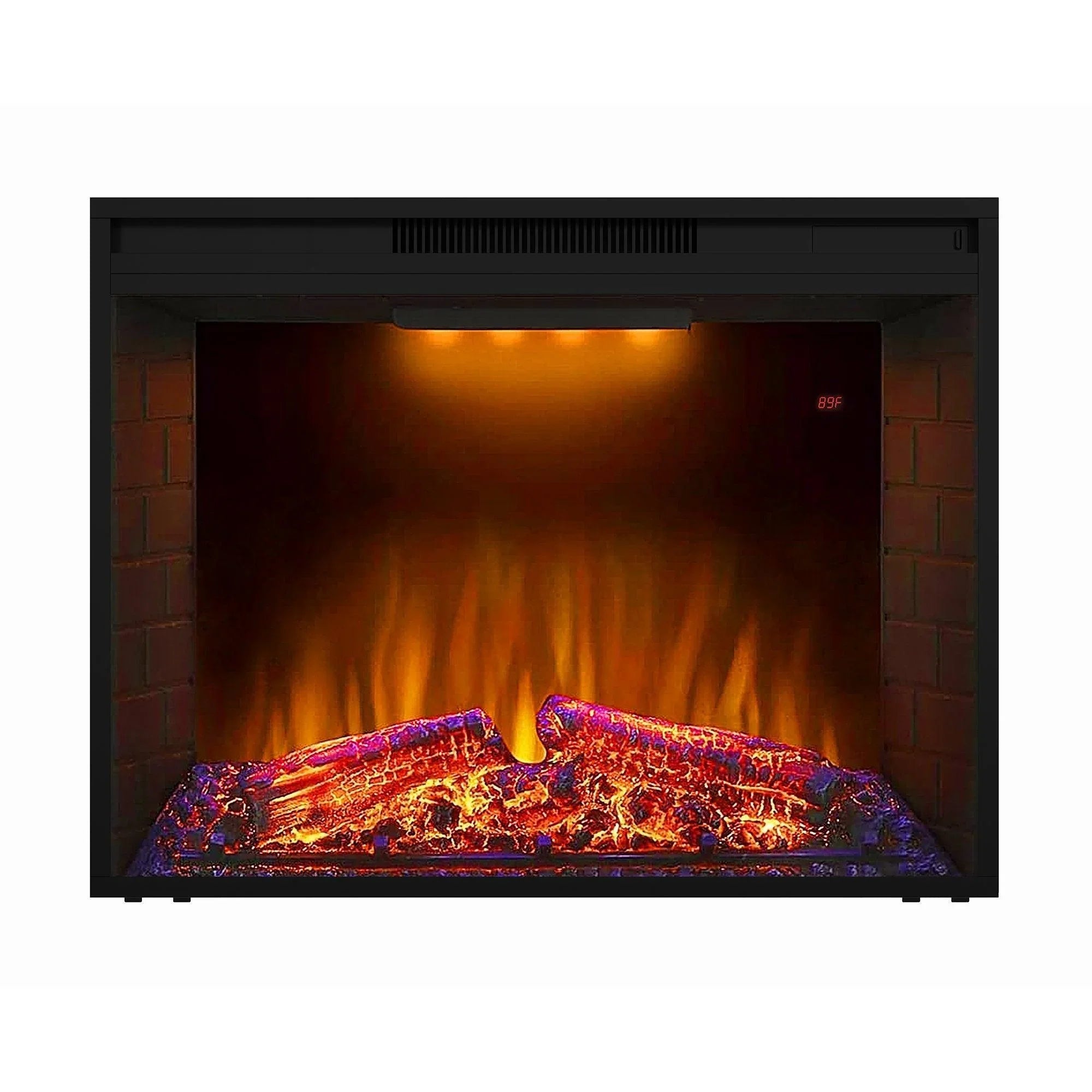 Black electric fireplace heater insert with glowing log bed and flame effect