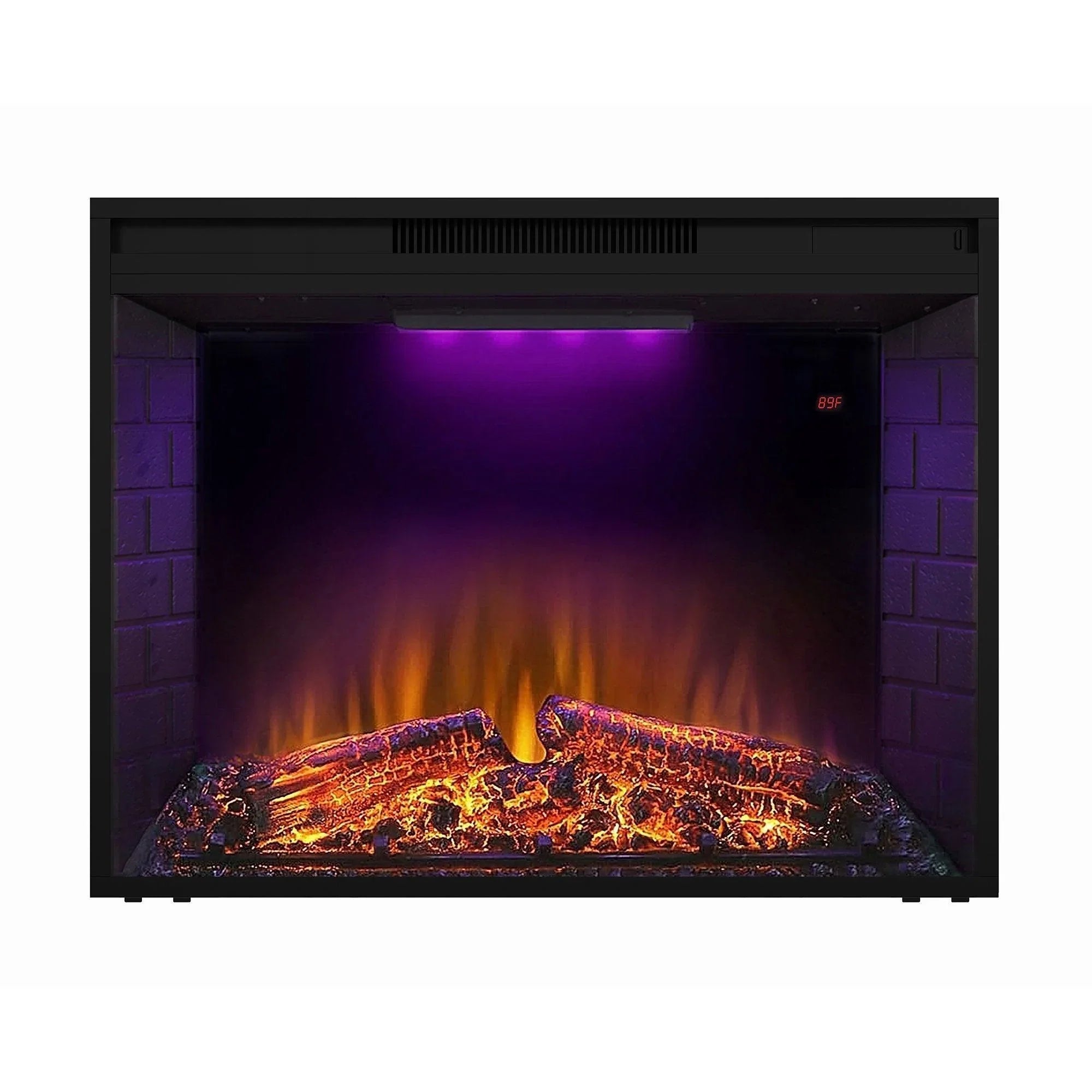 Black electric fireplace heater insert with purple and orange flame effect
