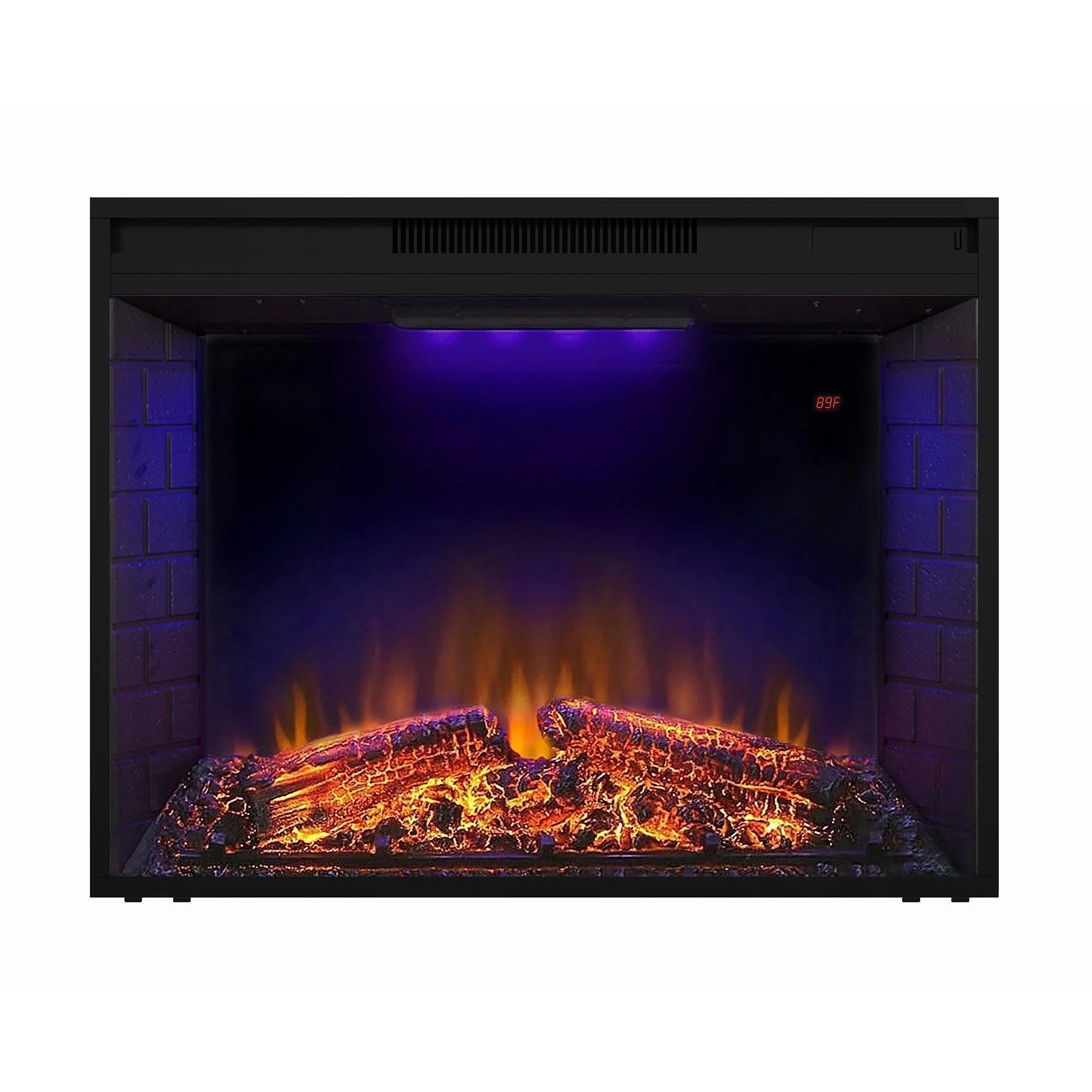 Black electric fireplace heater insert with orange flame effect and digital glow