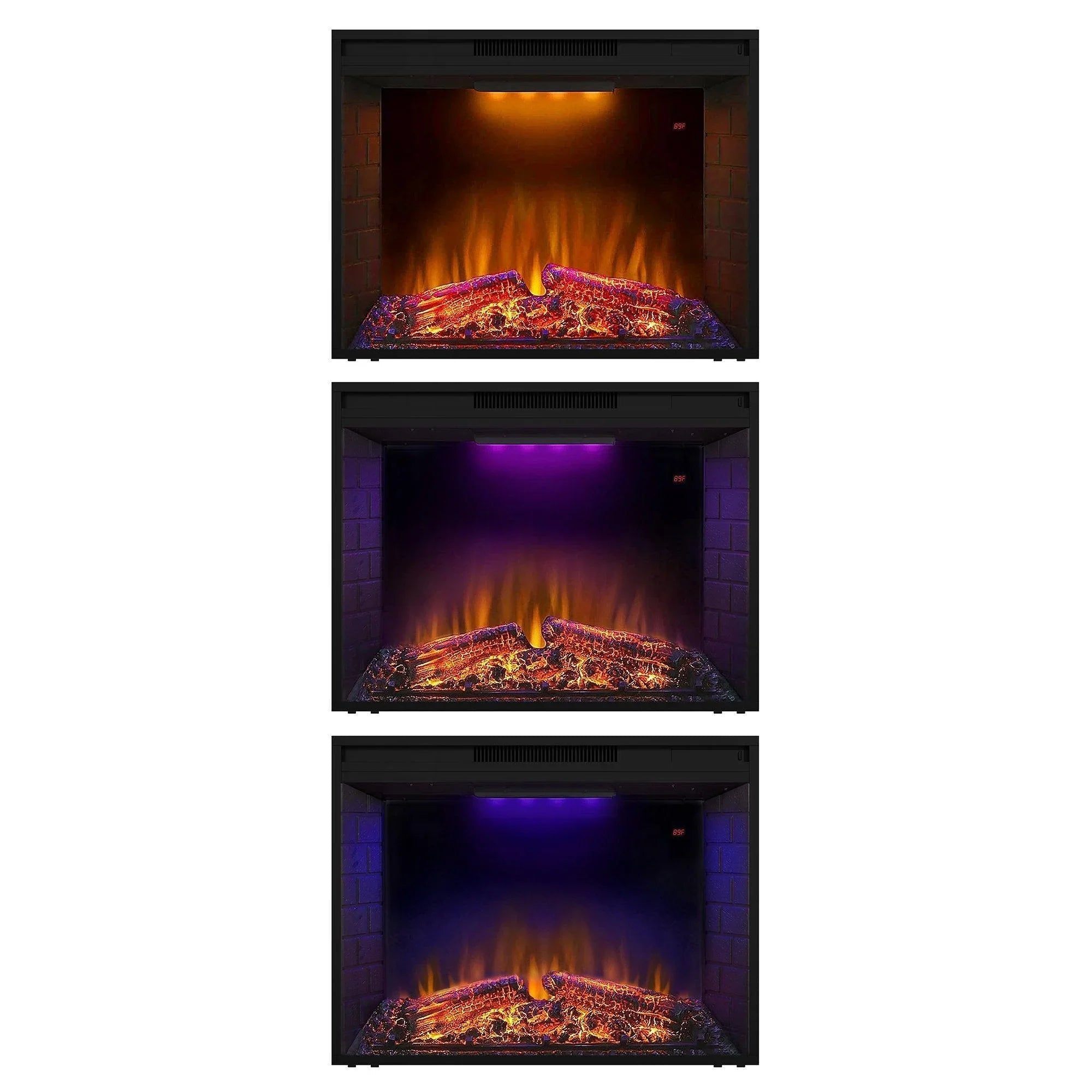 Black electric fireplace heater insert shown in three flame light modes
