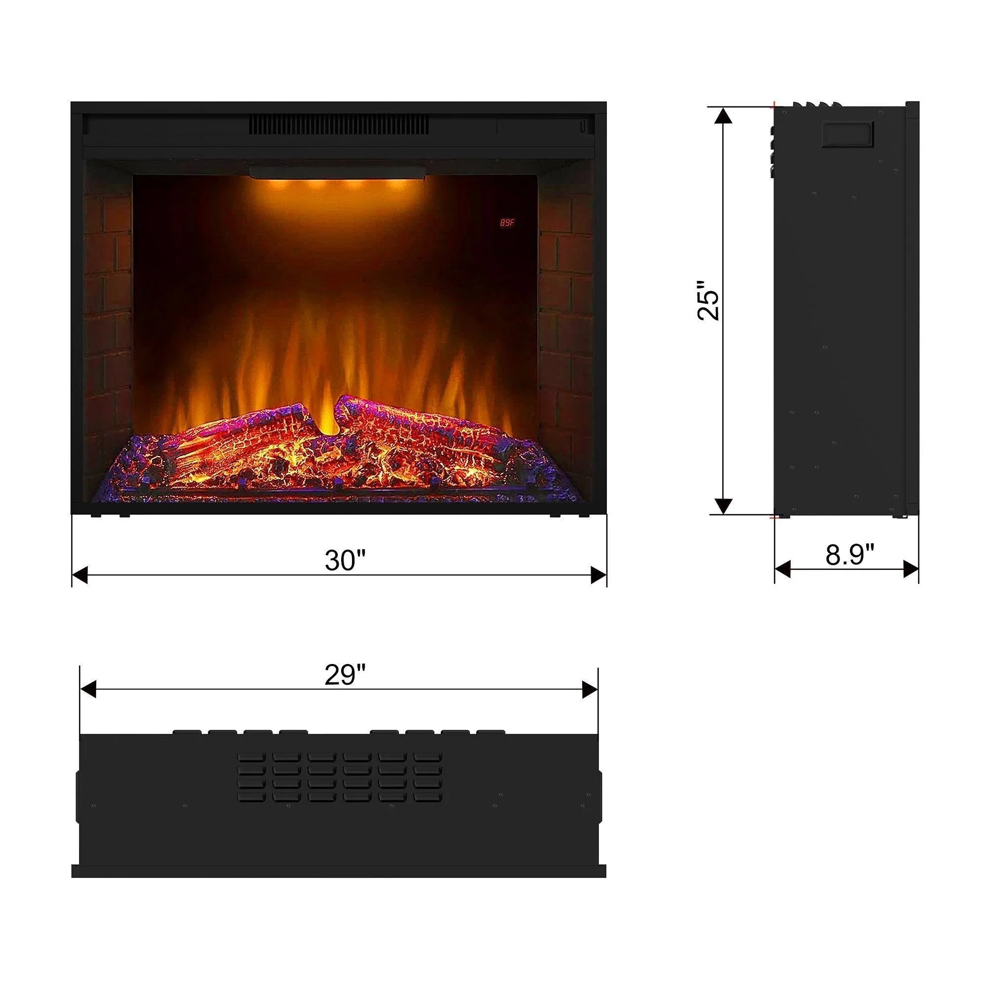 Black electric fireplace heater insert size diagram with front and side views
