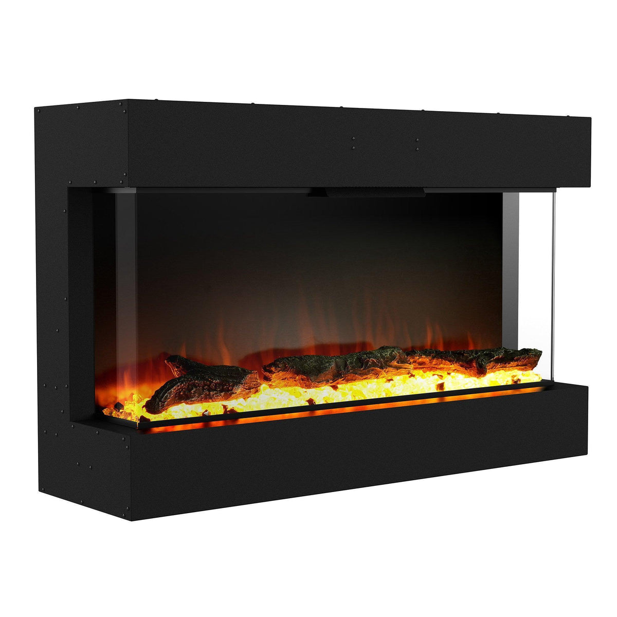 Black electric fireplace with multi-color LED flames and glowing logs/embers display