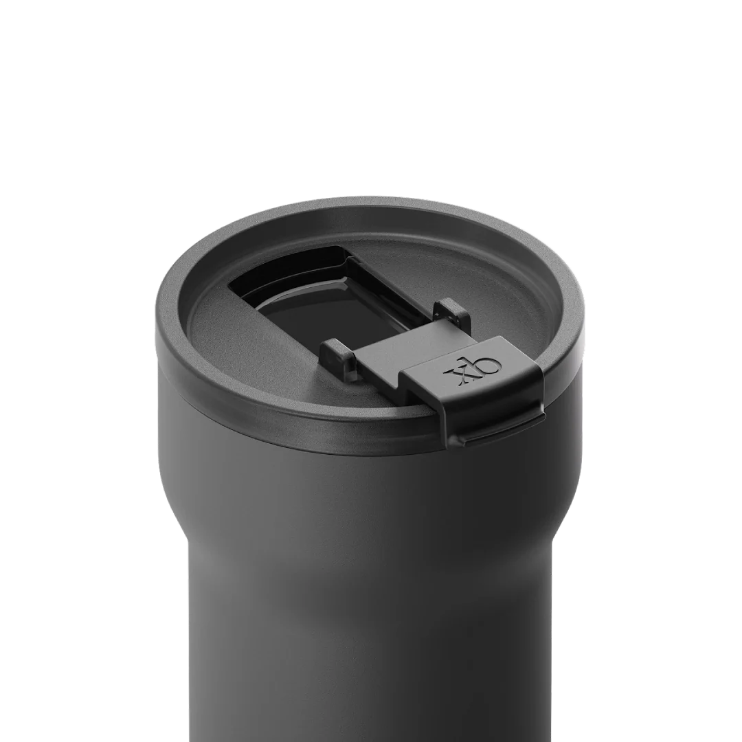 xBloom passenger tumbler in charcoal black, open lid with drinking mechanism