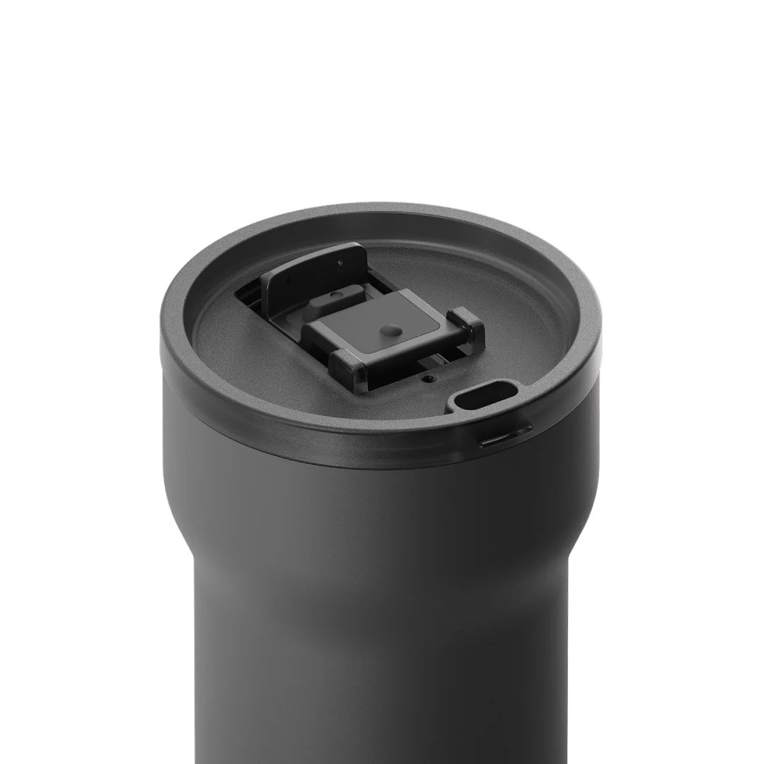 Charcoal black xBloom passenger tumbler lid open, straw mechanism visible
