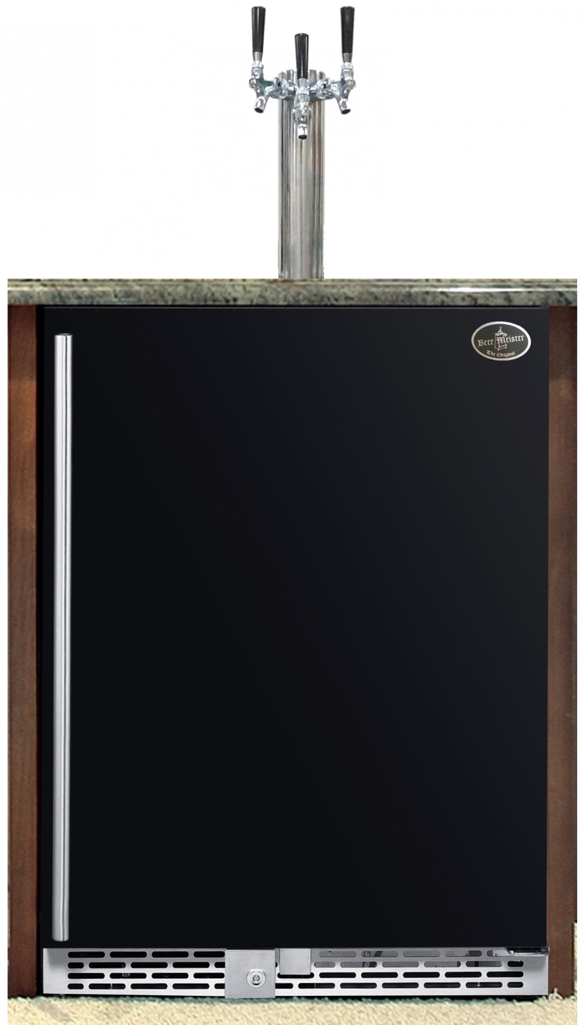 Built-in beer refrigerator with black door and stainless triple tap tower