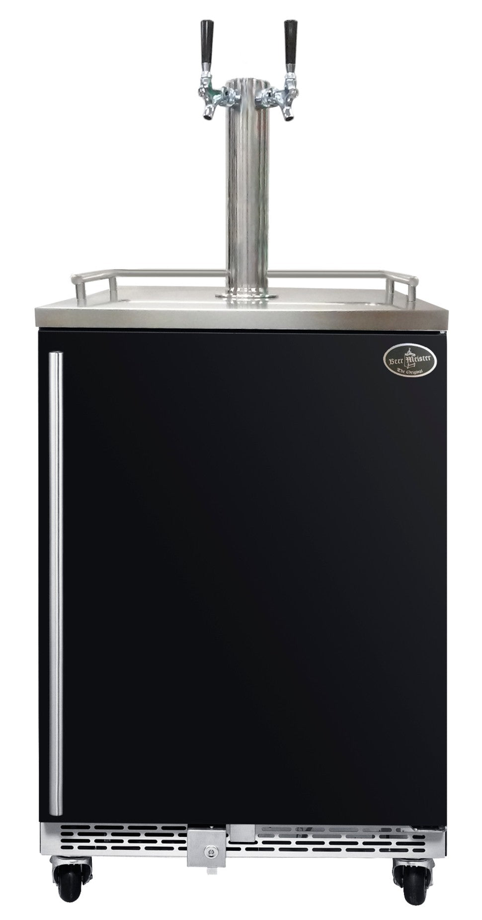 Beer refrigerator with black door and dual draft tower faucets