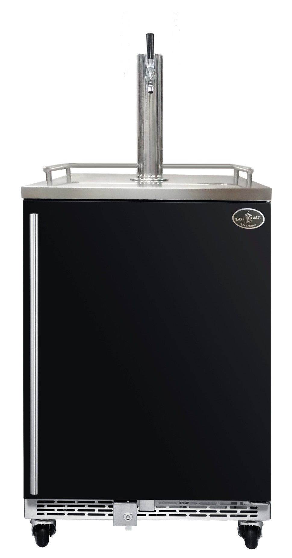 Black single-tower beer refrigerator with faucet and drip tray, on caster wheels