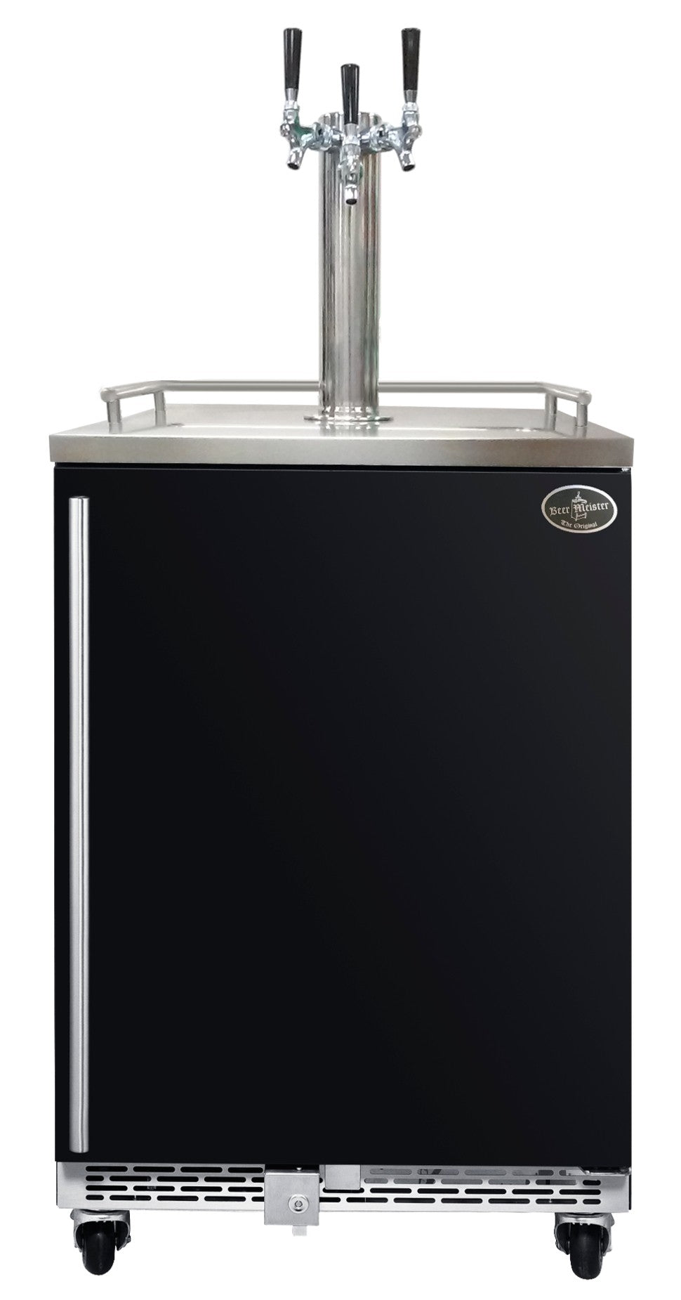 Black beer refrigerator cabinet with triple faucet tower and digital temperature control, on wheels