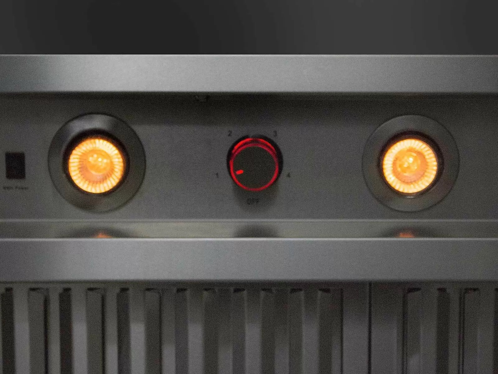 Stainless steel 48-inch vent hood front panel with dual lights and red control dial