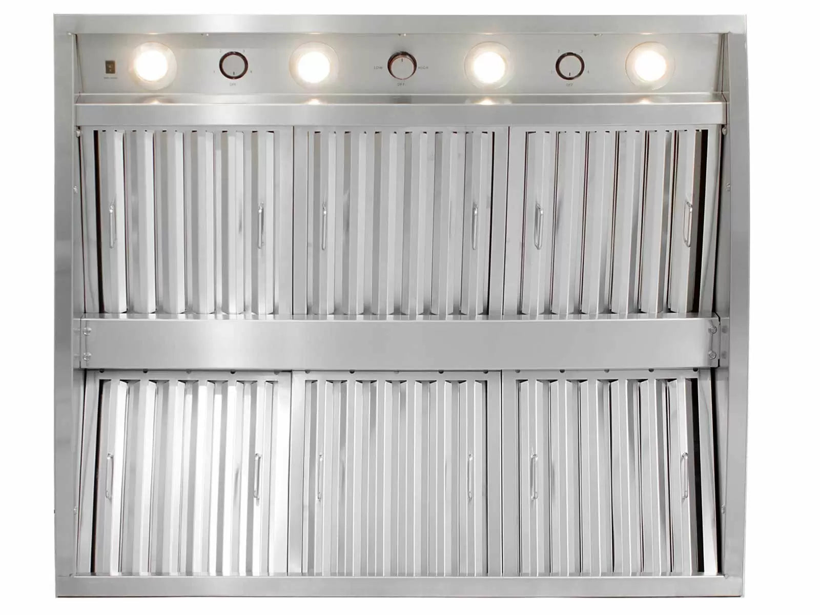 Stainless steel 48-inch vent hood with open baffle filters and illuminated light row