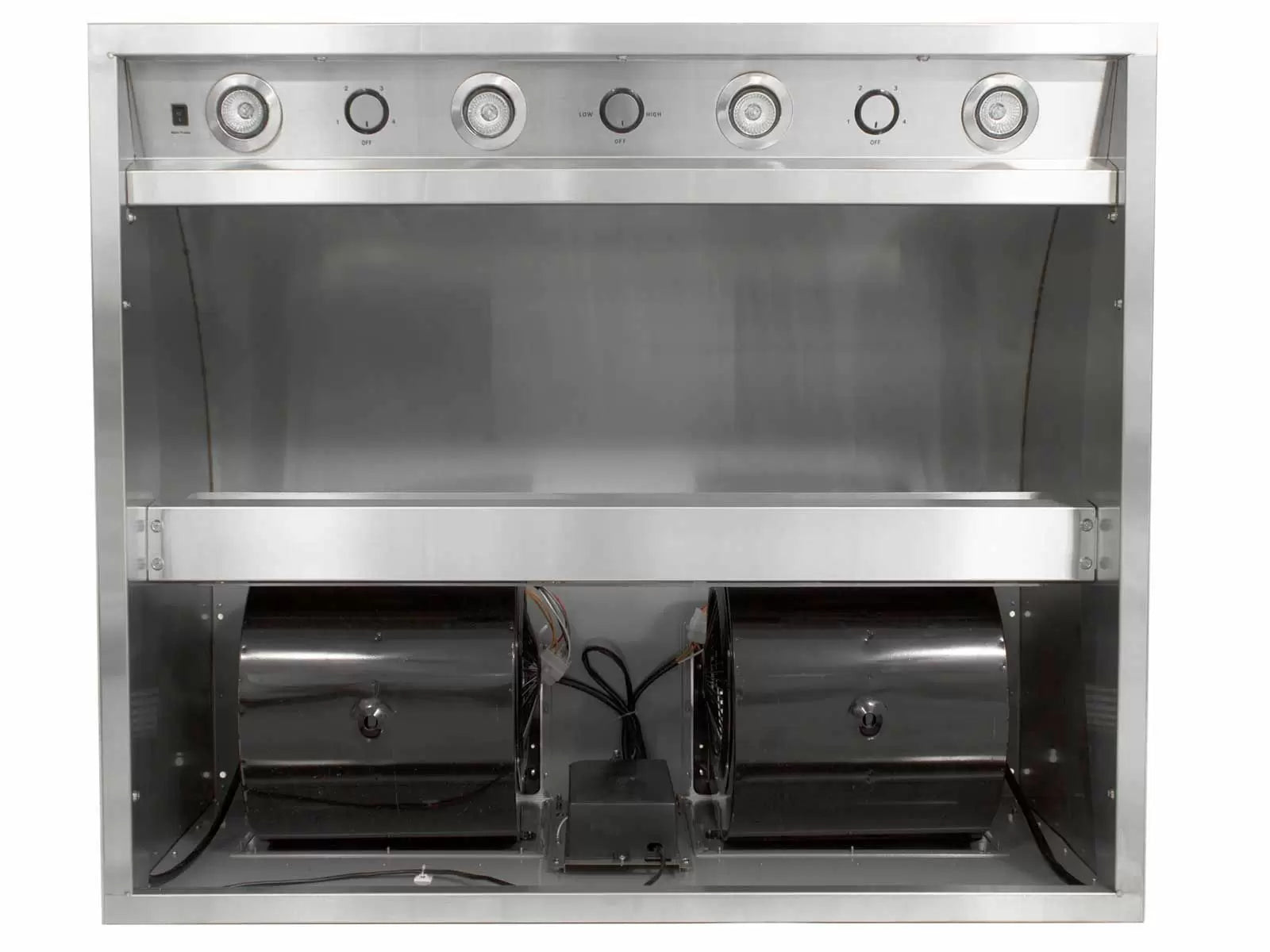 Stainless steel 48-inch vent hood open interior with baffle filters and fan housing