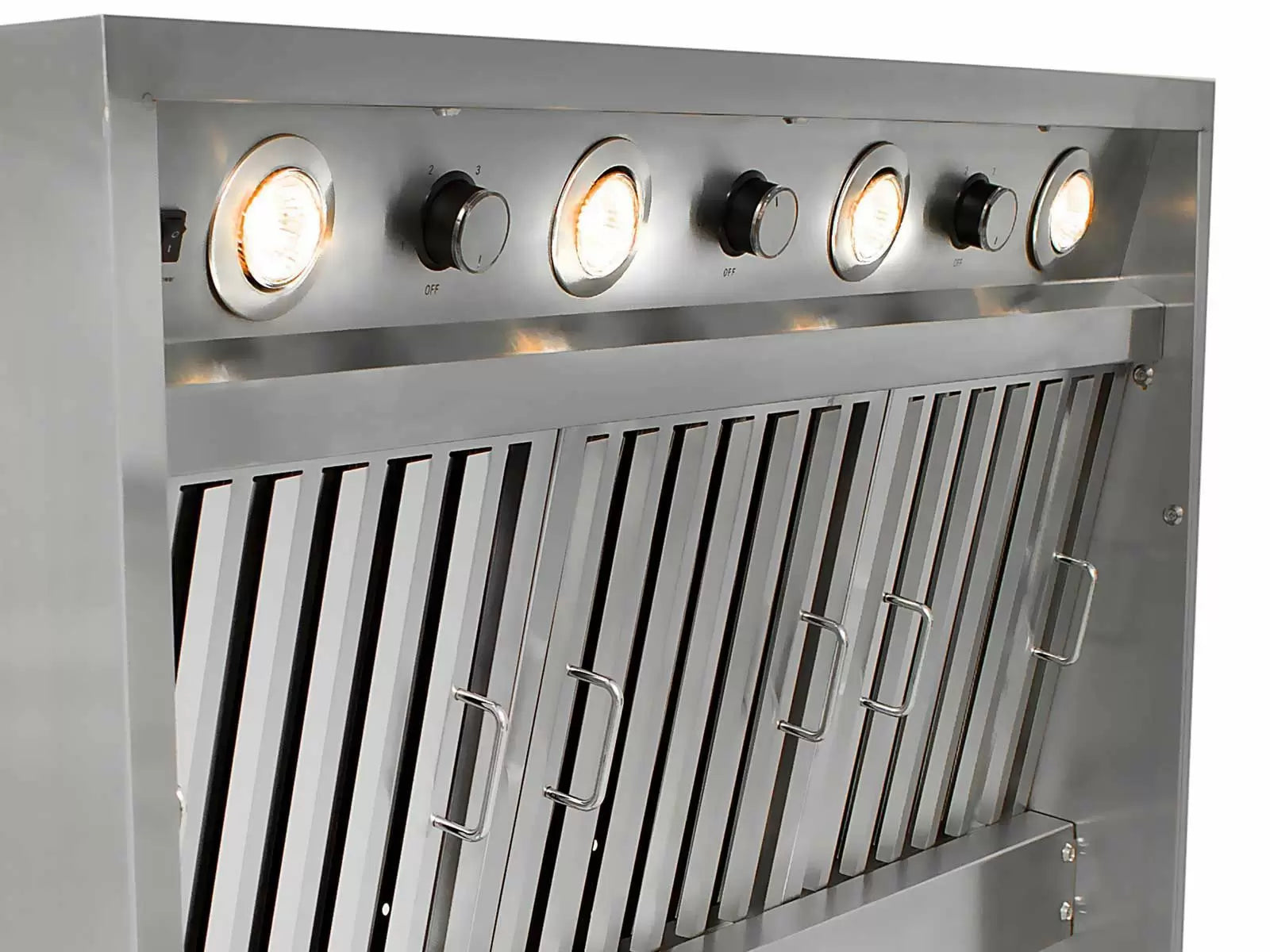 Stainless 48-inch vent hood with front louvers and control knobs