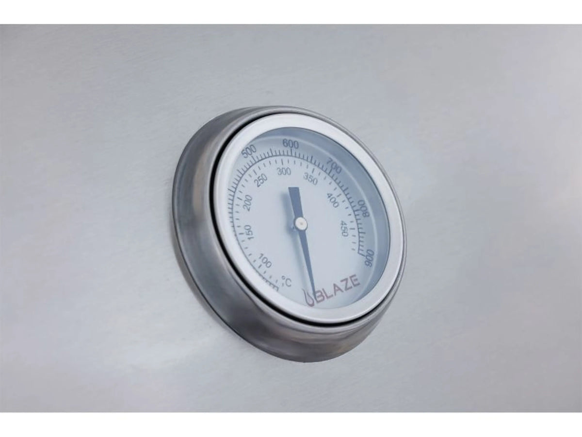 Round lid thermometer with temperature scale on stainless steel grill panel