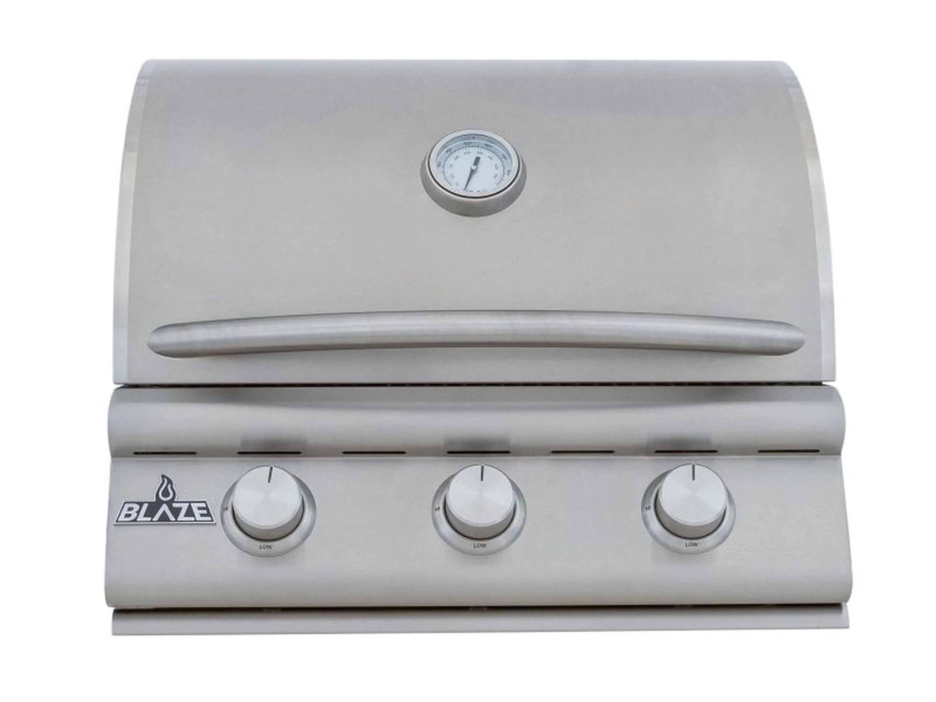 Stainless steel 3-burner propane gas grill with control knobs and lid thermometer