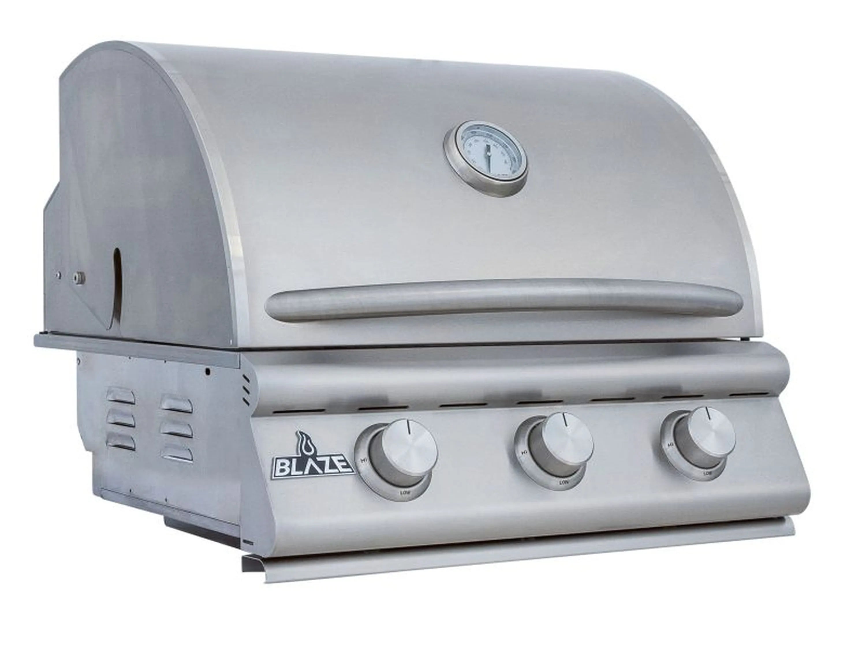 Stainless steel 3-burner grill with hood, side vents, and front control knobs