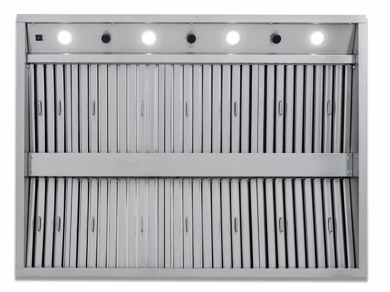 Stainless steel 48-inch vent hood front with baffle louvers and lit control buttons