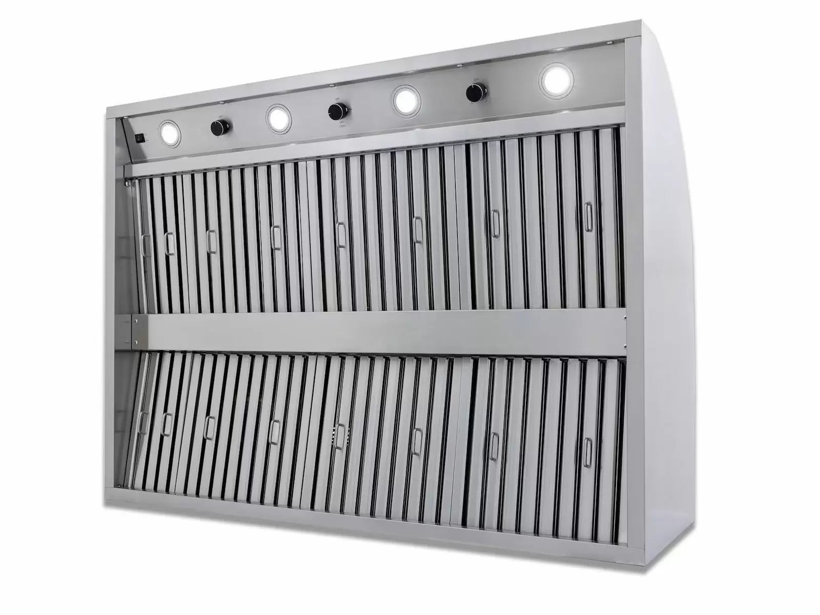 Stainless steel 48-inch vent hood front with baffle louvers and top control lights
