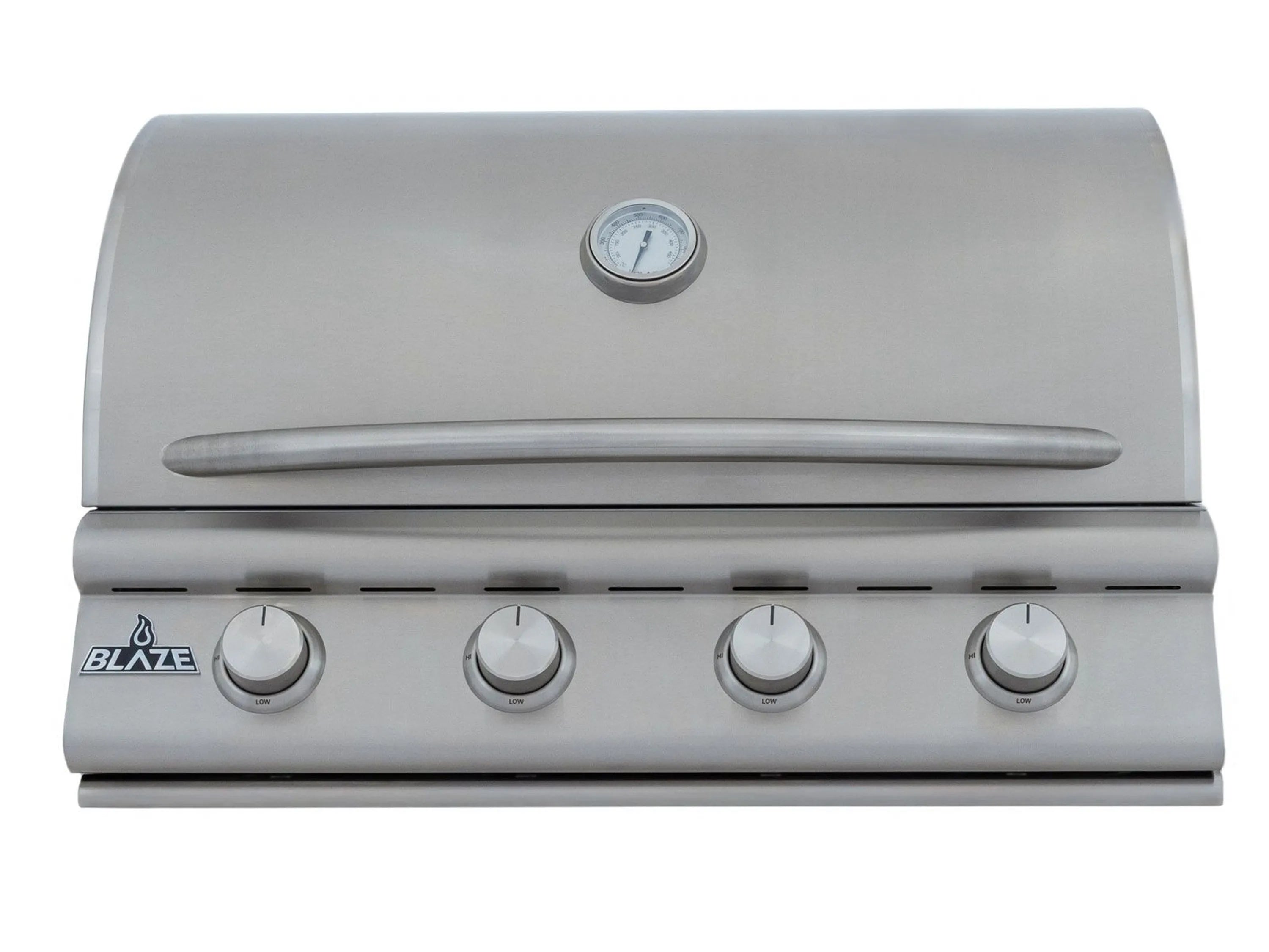 Built-in stainless 4-burner natural gas grill with lid thermometer and four control knobs