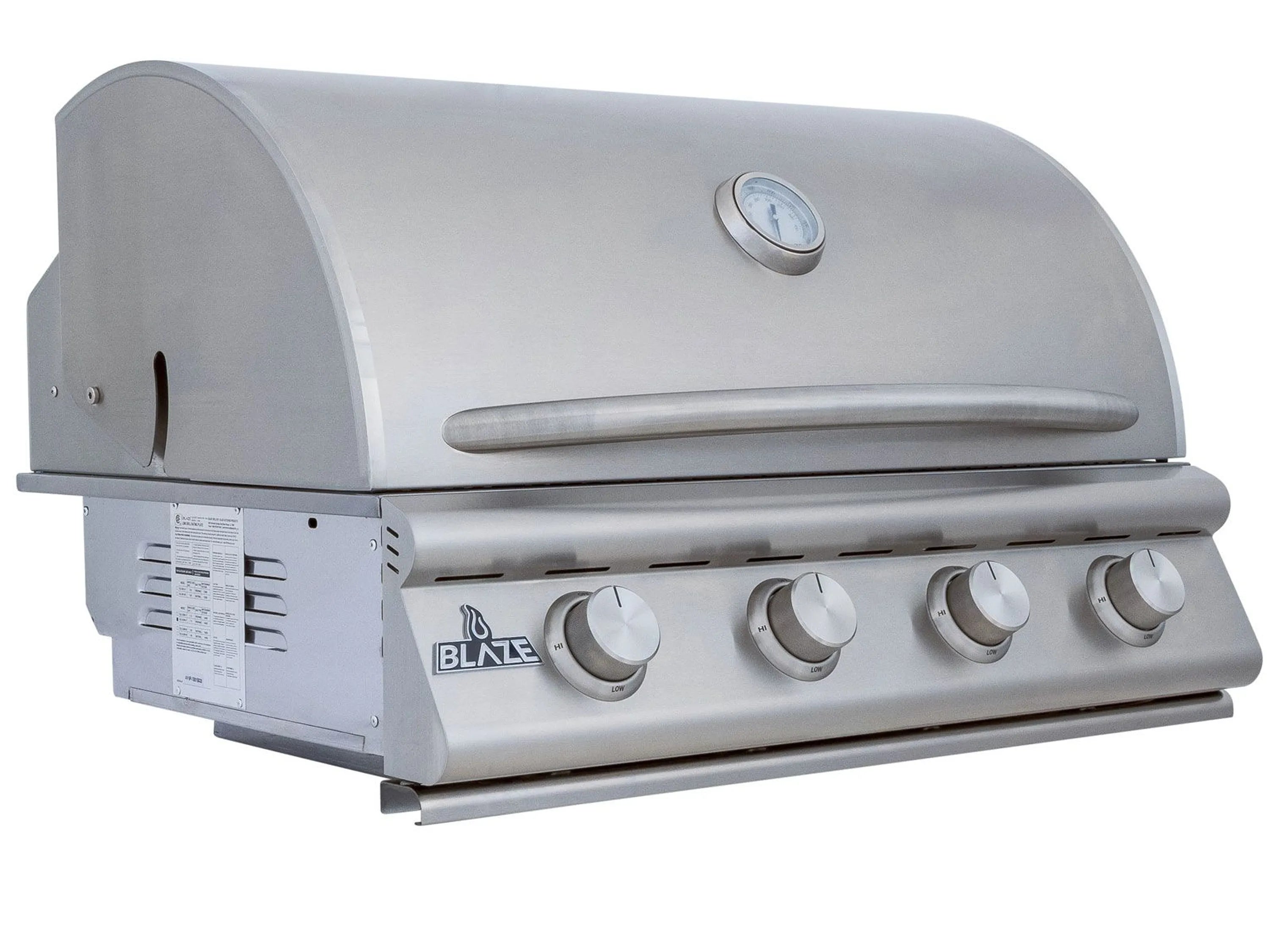 Stainless built-in grill with lid, front control knobs, and side label panel