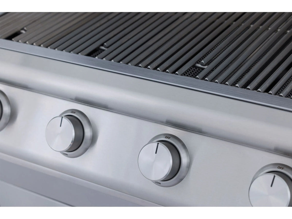 Stainless grill control panel with three visible round burner knobs