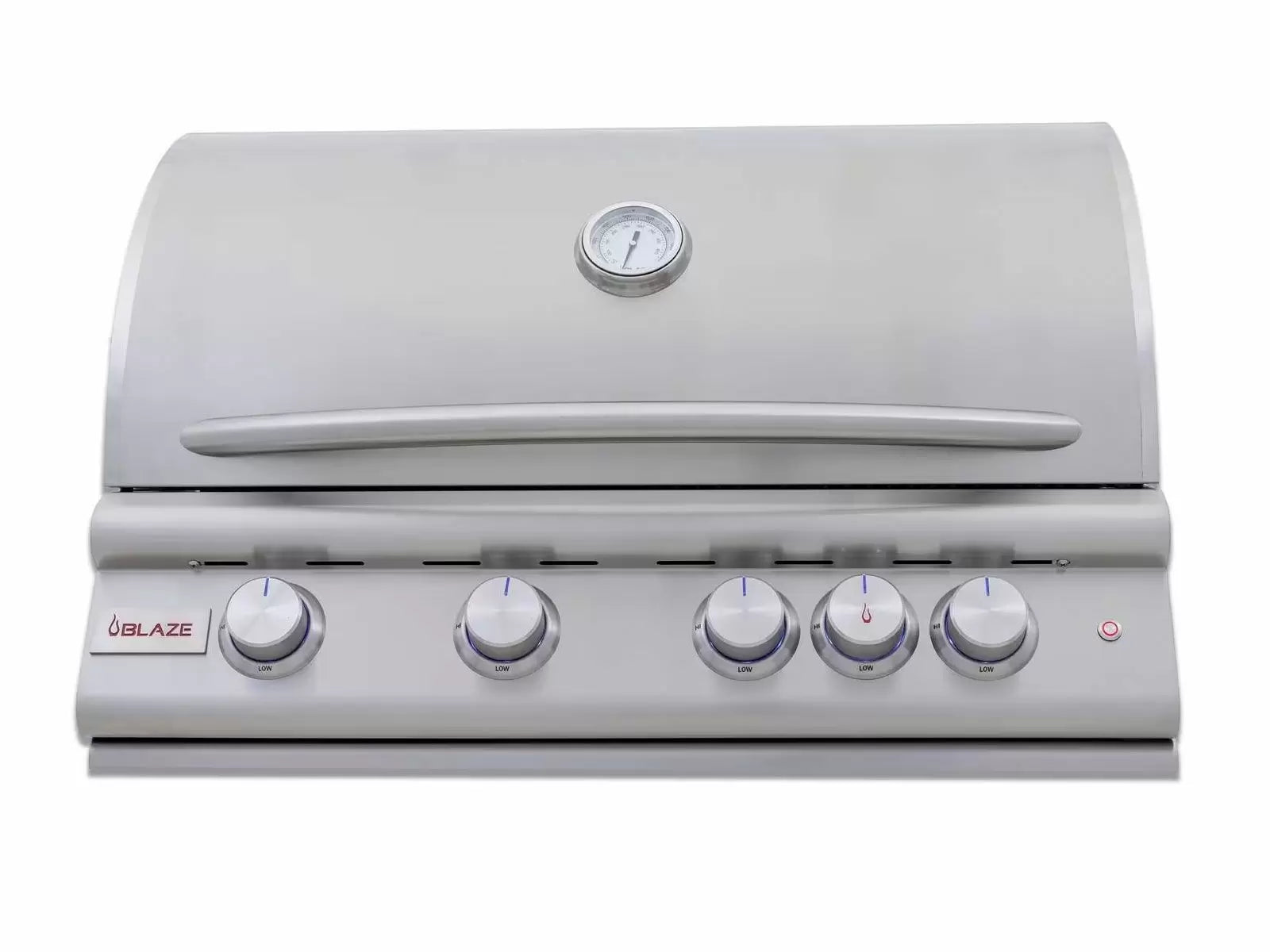 4-burner built-in gas grill front view with control knobs and lid thermometer