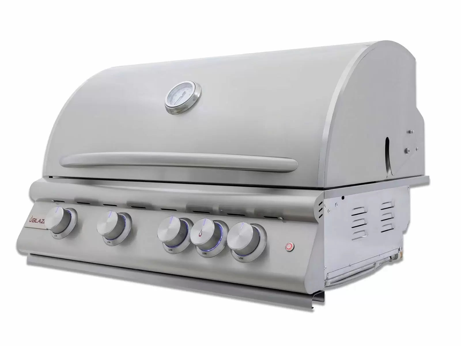 Stainless propane gas grill with four burners and side control panel, closed lid and thermometer
