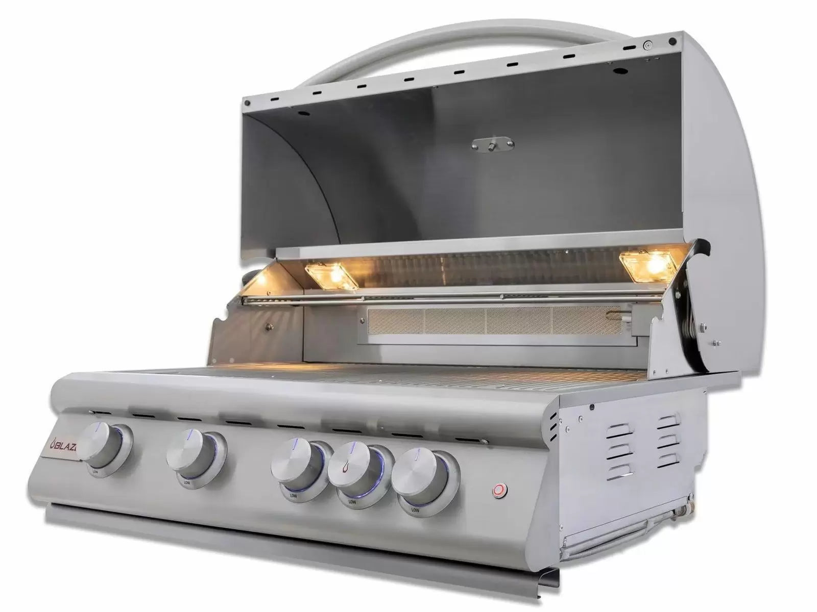 4-burner built-in gas grill with open lid, burners visible and warming area, stainless steel