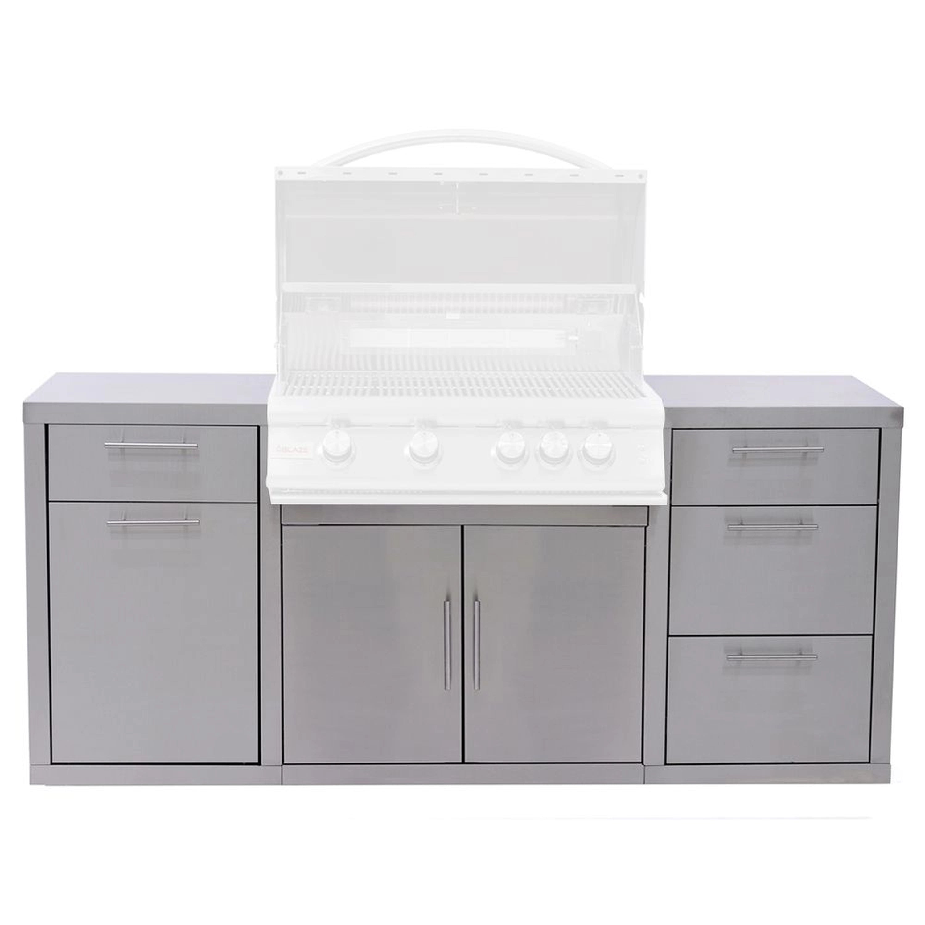 Stainless steel outdoor kitchen island with grill, burners, and storage doors