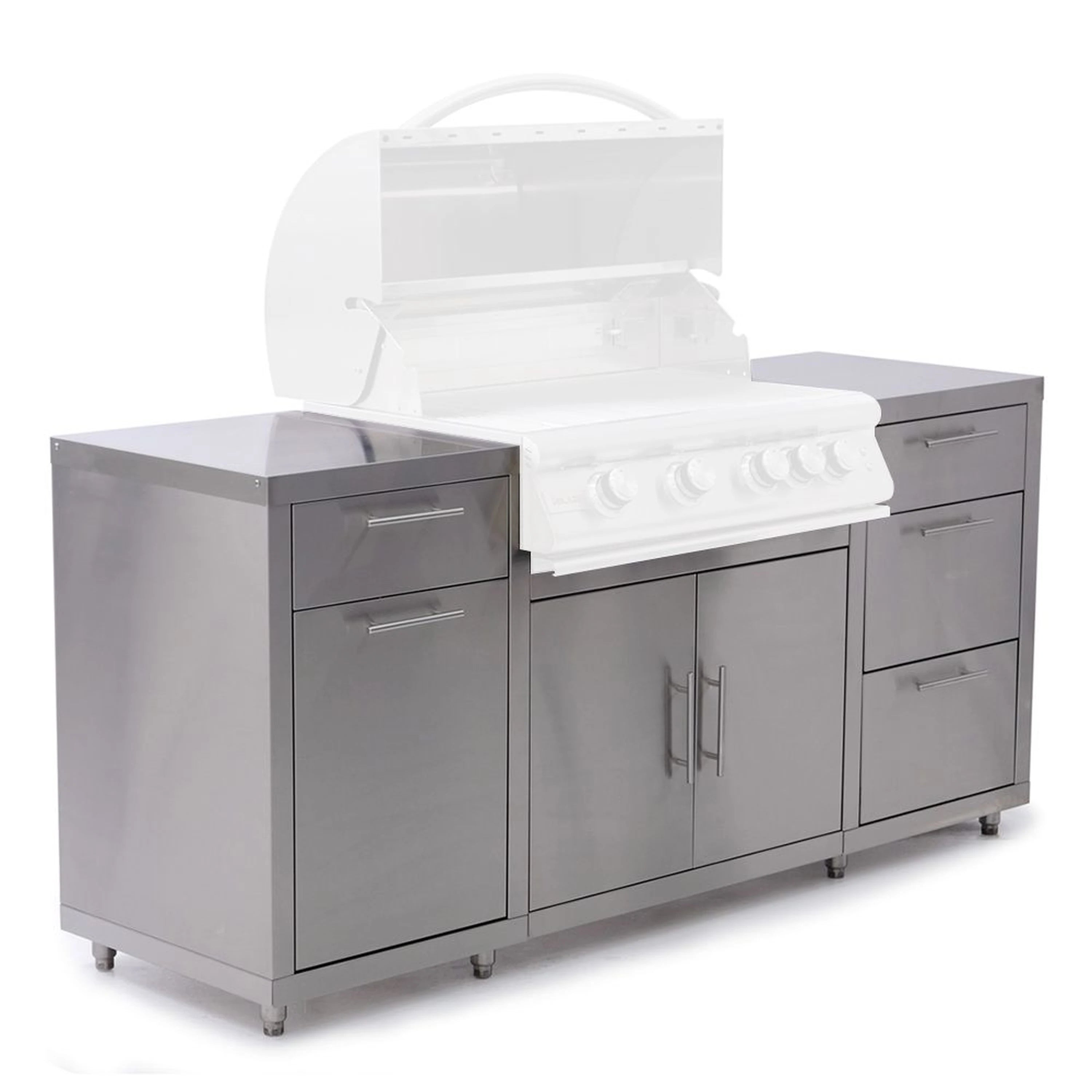 Stainless steel outdoor kitchen island with open lid, side cabinets, and drawers