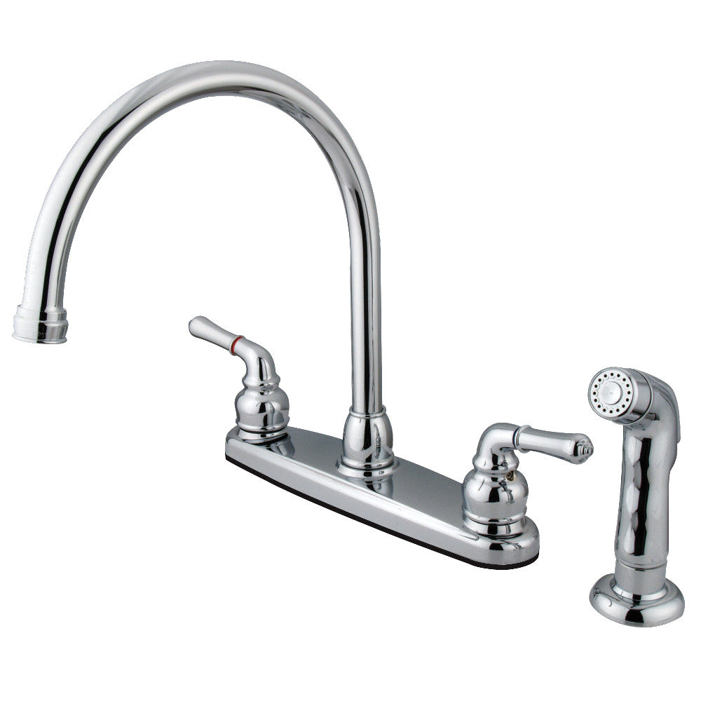 Polished chrome kitchen faucet with double handles, curved spout, and side sprayer