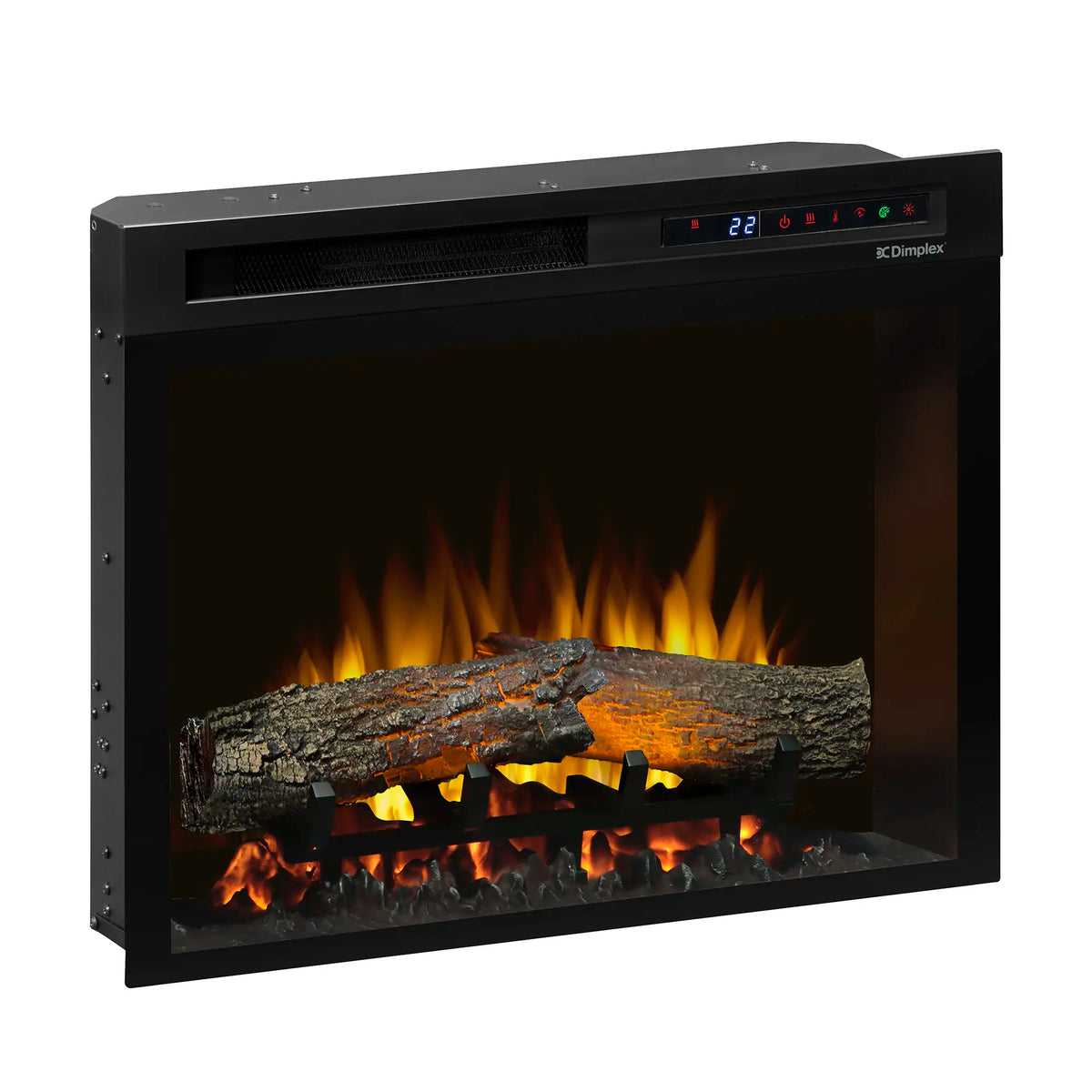 Black plug-in electric firebox, glass front showing flames over stacked logs and side frame