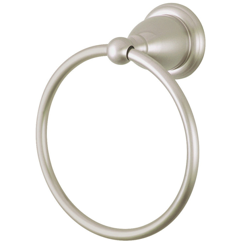Brushed nickel towel ring with circular loop and round wall mount base