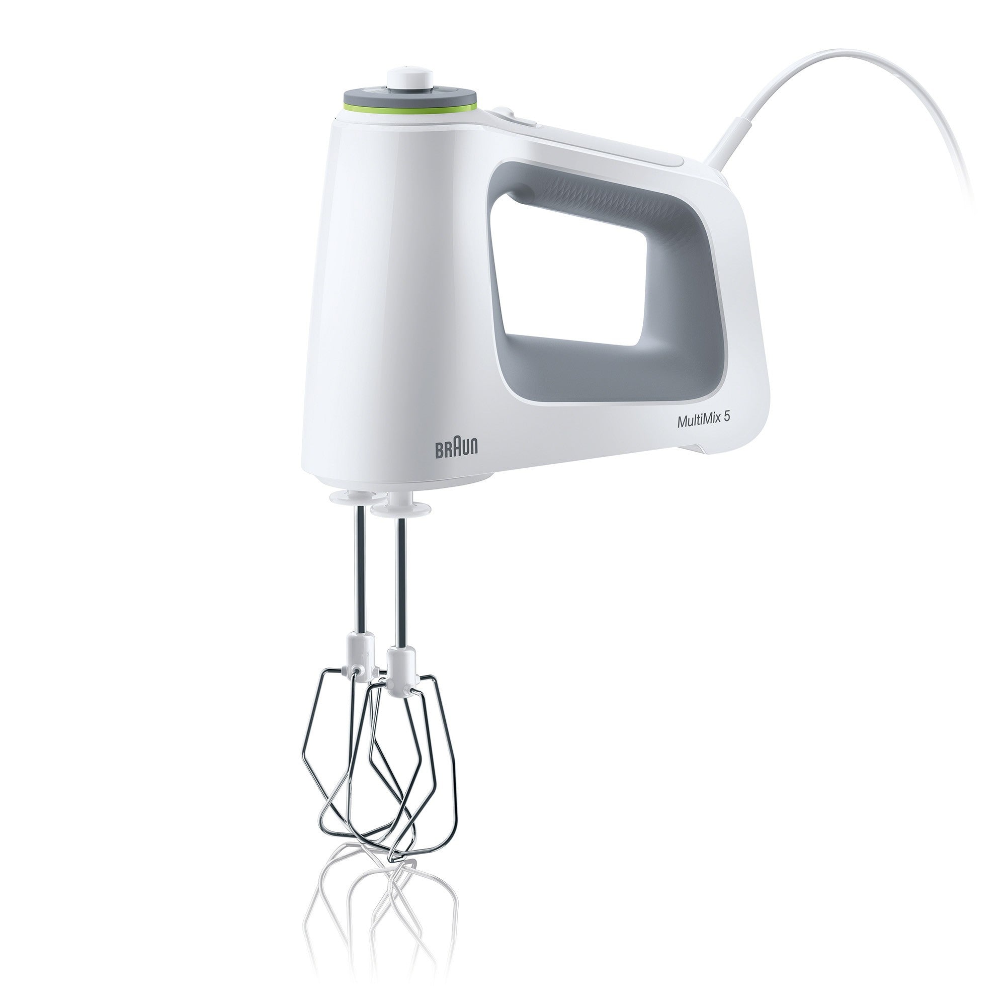 White Braun hand mixer with beaters and cord, isolated product view