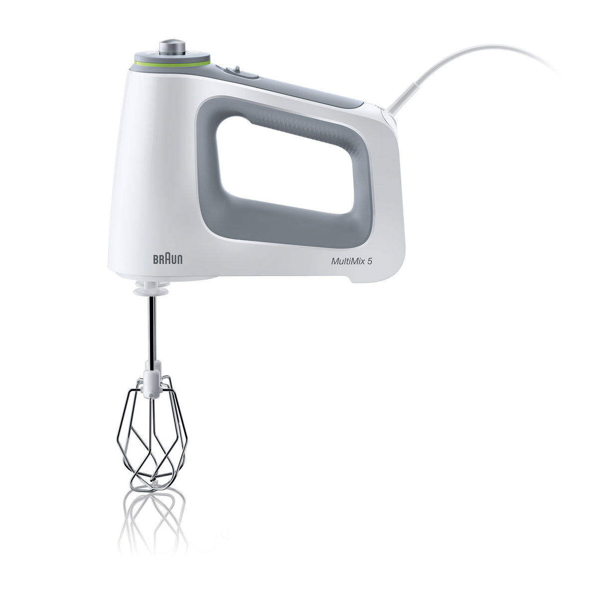 White Braun hand mixer with beaters attachment, isolated on white background