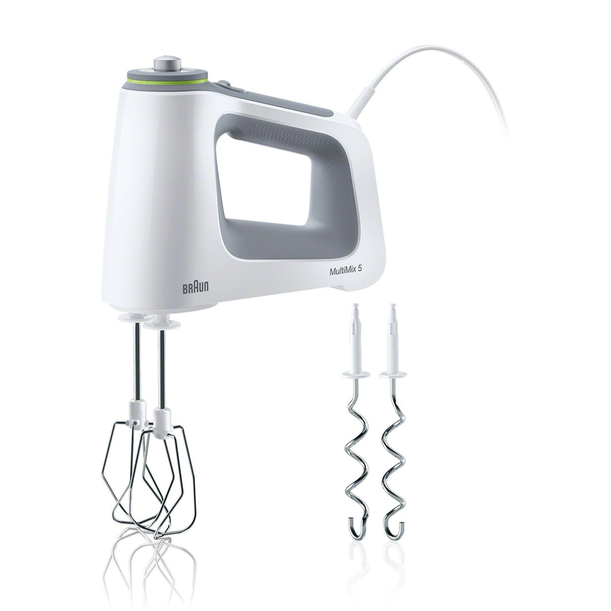 White Braun hand mixer with two dough hooks and beaters, isolated on white