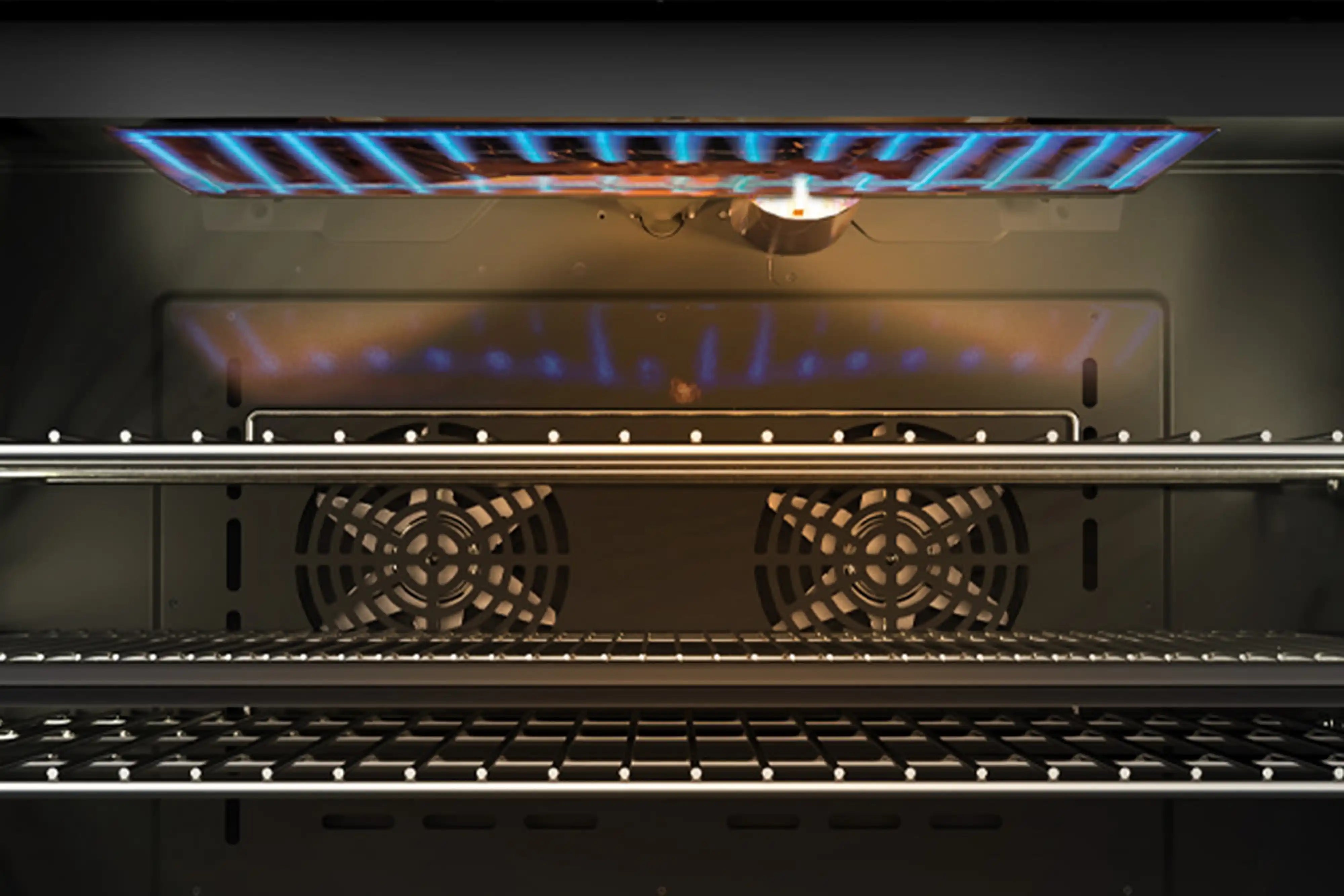 Stainless steel gas oven interior with two burners and convection fan openings